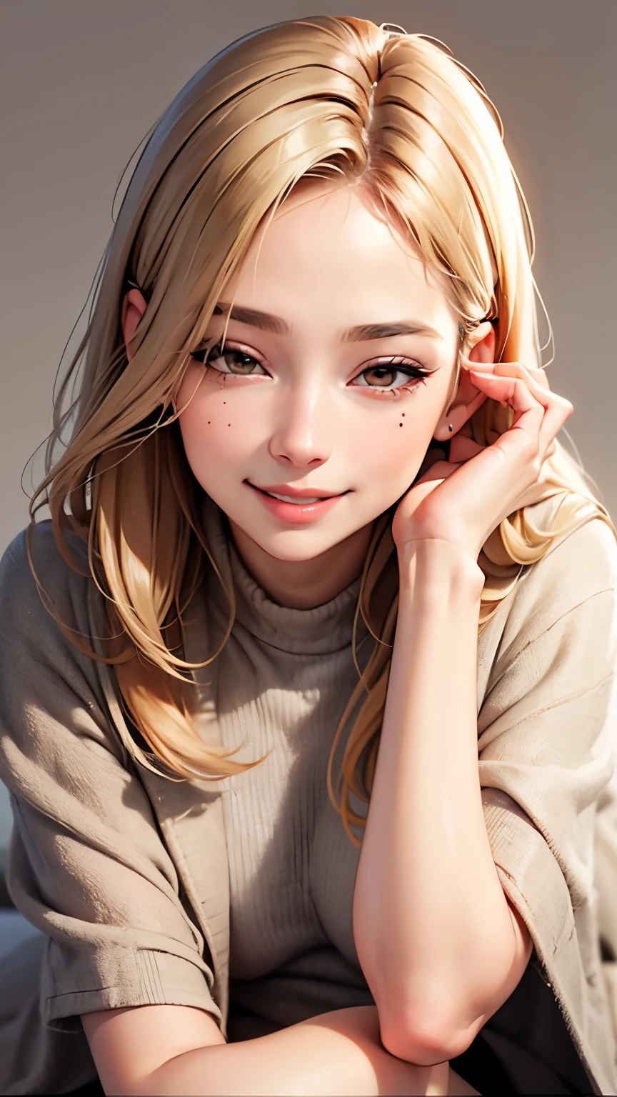masterpiece, highest quality,Face-to-face audience, Upper body,Middle-aged women,Greek Goddess Attitude, Melon seed face, ((Long, narrow eyes)), Mole under the eye,Brown eyeball, Thin lips, Anorexia,blonde, Very long hair, Laugh with your mouth closed,40 year old mature woman, self-portrait, Simple Background,Thin legs,Close your eyes and smile,The happi coat is open