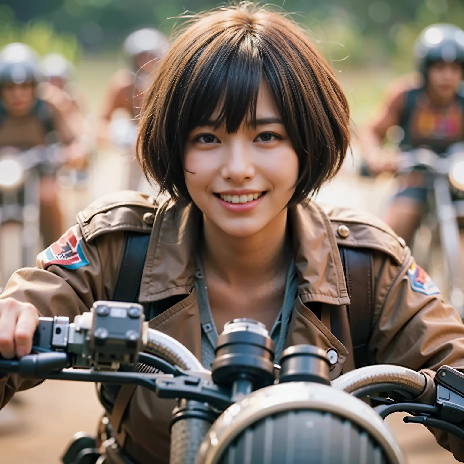 highest quality,masterpiece,Ultra-high resolution,(Photorealistic:1.4),(One girl),1 female,20 years,(Riding a motorcycle),(Riders),smile,(Brown short hair),  roar, Outdoor,(orbit),Pit Road,(Racing Motorbike)、Shooting from 3m away、Wide-angle shooting