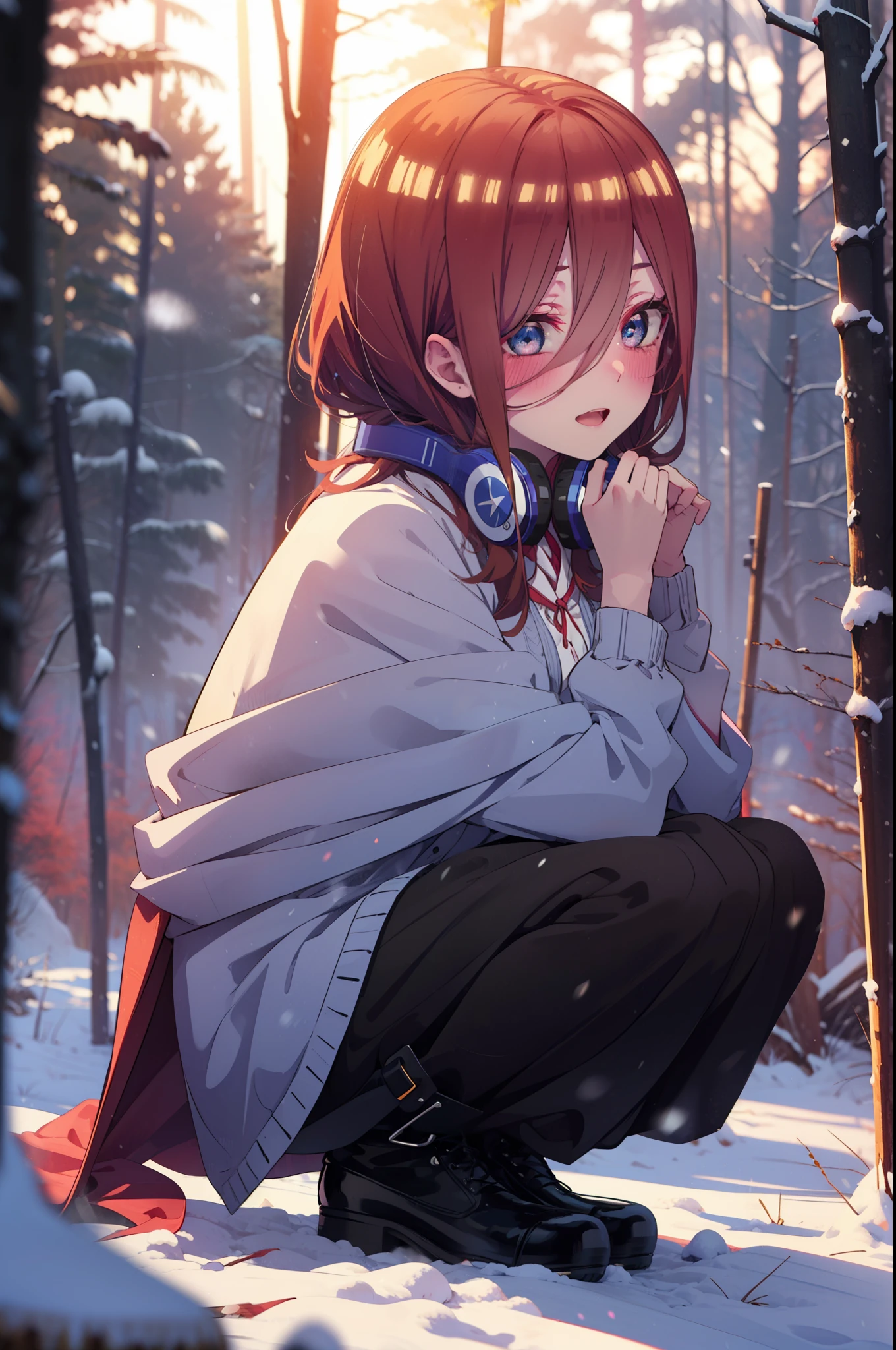Miku Nakano, Miku Nakano, Long Hair, bangs, Brown Hair, shirt, Hair between the eyes, cardigan, Headphones around the neck,smile,blush,White Breath,
Open your mouth,snow,Ground bonfire, Outdoor, boots, snowing, From the side, wood, suitcase, Cape, Blurred, Increase your meals, forest, White handbag, nature, Squat, Mouth closed, フードed Cape, winter, Written boundary depth, Black shoes, red Cape break looking at viewer, Upper Body, whole body, break Outdoor, forest, nature, break (masterpiece:1.2), highest quality, High resolution, unity 8k wallpaper, (shape:0.8), (Beautiful and beautiful eyes:1.6), Highly detailed face, Perfect lighting, Extremely detailed CG, (Perfect hands, Perfect Anatomy),