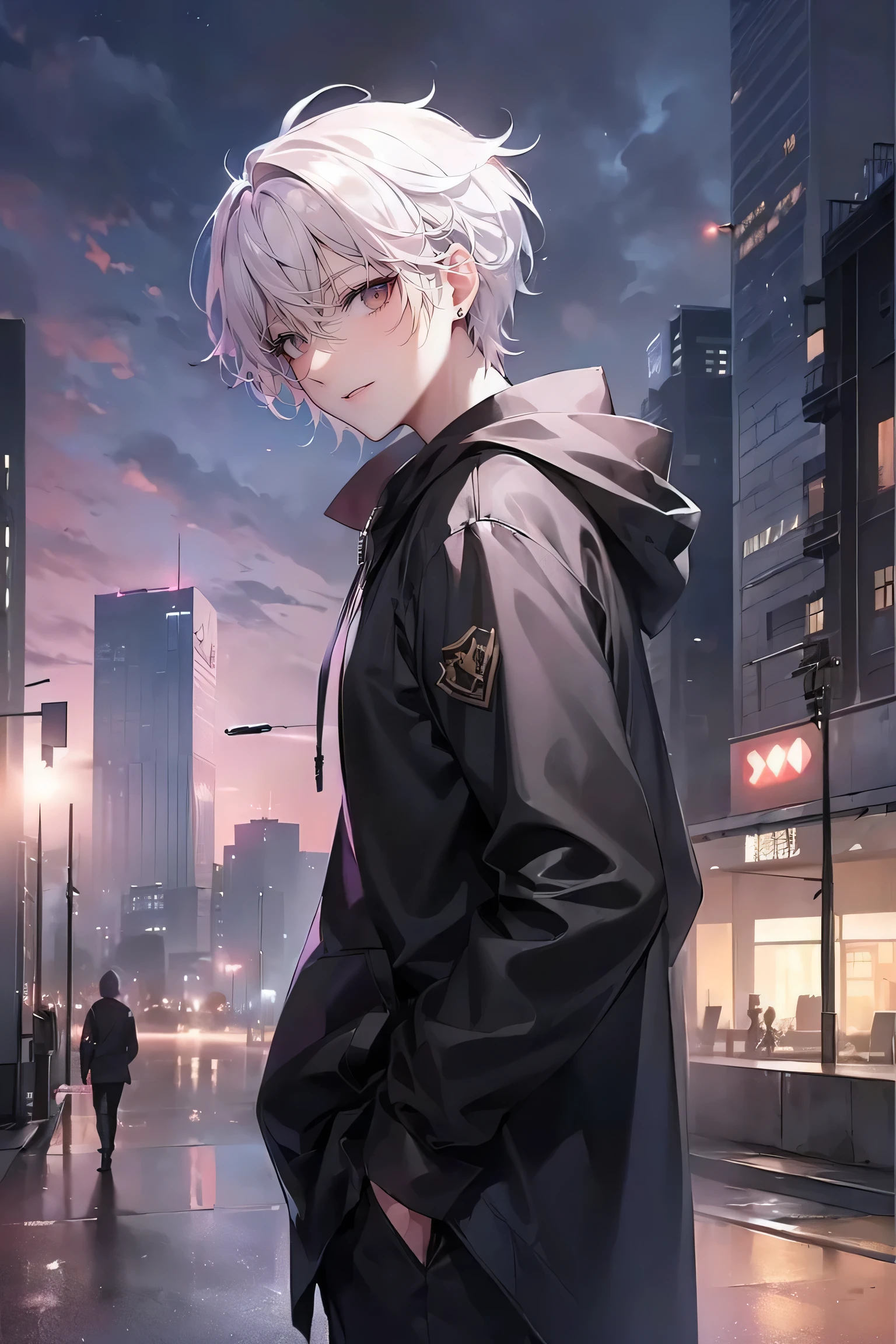 (4K works、(最high quality)、((City of night))、((In front of the main gate of the workplace))、((In front of the main gate of the building))、sunset view、adult male、((adult male 26 years old))、Cheerful man、expensive、((smiling face))、((Strong Eyes))、((He is wearing a black hoodie、Wearing black trousers))、((face becomes smaller))、because I'thin、((white hair))、((White short-haired))、((purple eyes))、((Shot from a close angle))、((one person))、((solo photo))、((Stand in front of the main gate))8K, High resolution, realistic, high quality, masterpiece, Character from a low angle, Display the area under your feet, Wearing a black coat and carrying a gun, City background with skyscrapers, Dusk or dawn time