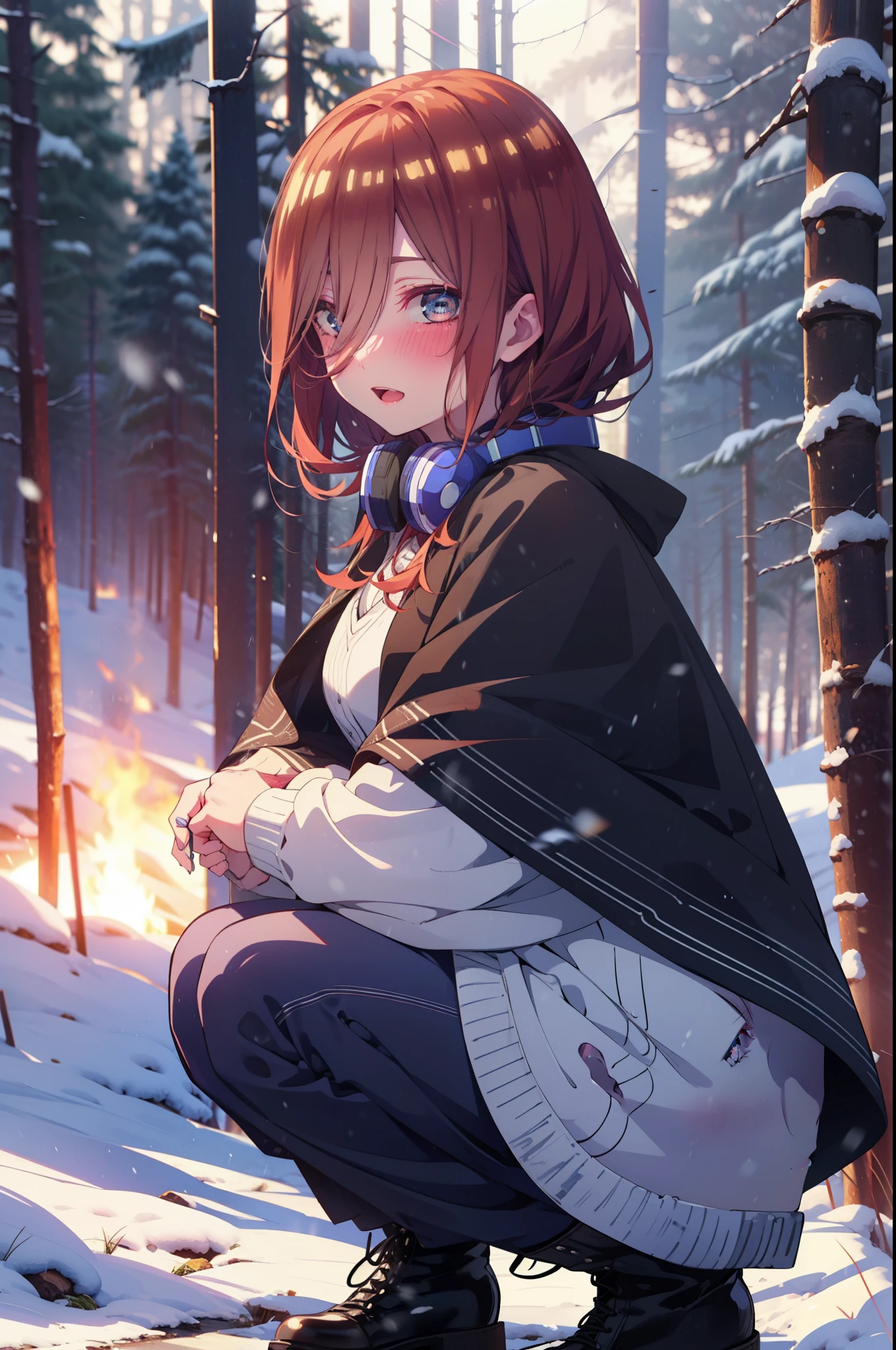 Miku Nakano, Miku Nakano, Long Hair, bangs, Brown Hair, shirt, Hair between the eyes, cardigan, Headphones around the neck,smile,blush,White Breath,
Open your mouth,snow,Ground bonfire, Outdoor, boots, snowing, From the side, wood, suitcase, Cape, Blurred, Increase your meals, forest, White handbag, nature, Squat, Mouth closed, フードed Cape, winter, Written boundary depth, Black shoes, red Cape break looking at viewer, Upper Body, whole body, break Outdoor, forest, nature, break (masterpiece:1.2), highest quality, High resolution, unity 8k wallpaper, (shape:0.8), (Beautiful and beautiful eyes:1.6), Highly detailed face, Perfect lighting, Extremely detailed CG, (Perfect hands, Perfect Anatomy),