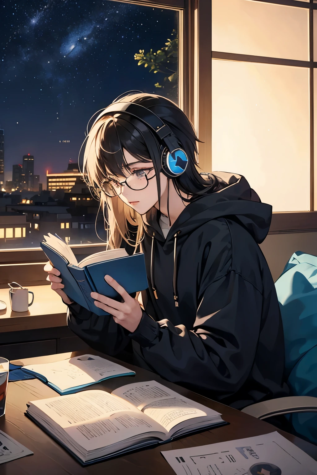midnight He is wearing a hoodie and reading a book while listening to music on headphones at his desk Beautiful girl with round glasses Outside the window is a starry sky Japanese anime style