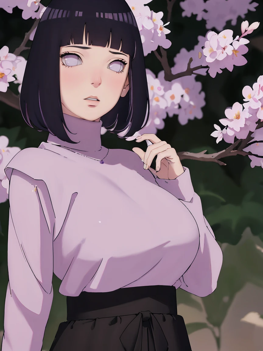 { - anatomy error} (Masterpiece - Ultra-detailed, very high resolution) (huge titusty, masterpiece, absurdres, hinata\(boruto\), 1girl, solo,mature female, lilac turtleneck blouse, high waist black long skirt, looking at viewelling petals), perfect composition, detailed lips, big breast, beautiful face, body propotion, blush, (pink lips), short hair, (black hair), purple eyes, soft gaze, super realistic, detailed, photoshoot, realistic face and body, closed mouth , lilac eyes, full body, upper body , backwards, looking back, with chin resting on shoulder, hidden hands, perfect fingers, inocent face