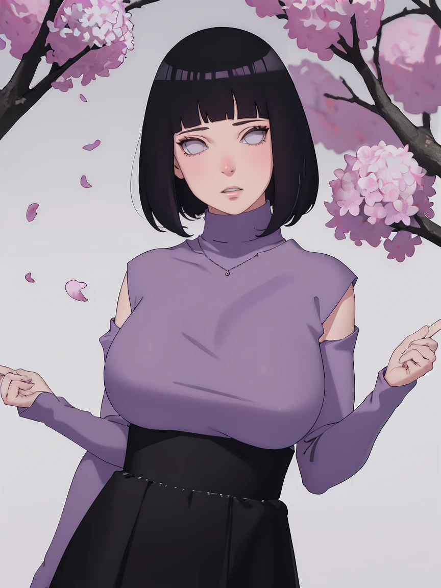 { - anatomy error} (Masterpiece - Ultra-detailed, very high resolution) (huge titusty, masterpiece, absurdres, hinata\(boruto\), 1girl, solo,mature female, lilac turtleneck blouse, high waist black long skirt, looking at viewelling petals), perfect composition, detailed lips, big breast, beautiful face, body propotion, blush, (pink lips), short hair, (black hair), purple eyes, soft gaze, super realistic, detailed, photoshoot, realistic face and body, closed mouth , lilac eyes, full body, upper body , backwards, looking back, with chin resting on shoulder, hidden hands, perfect fingers, inocent face