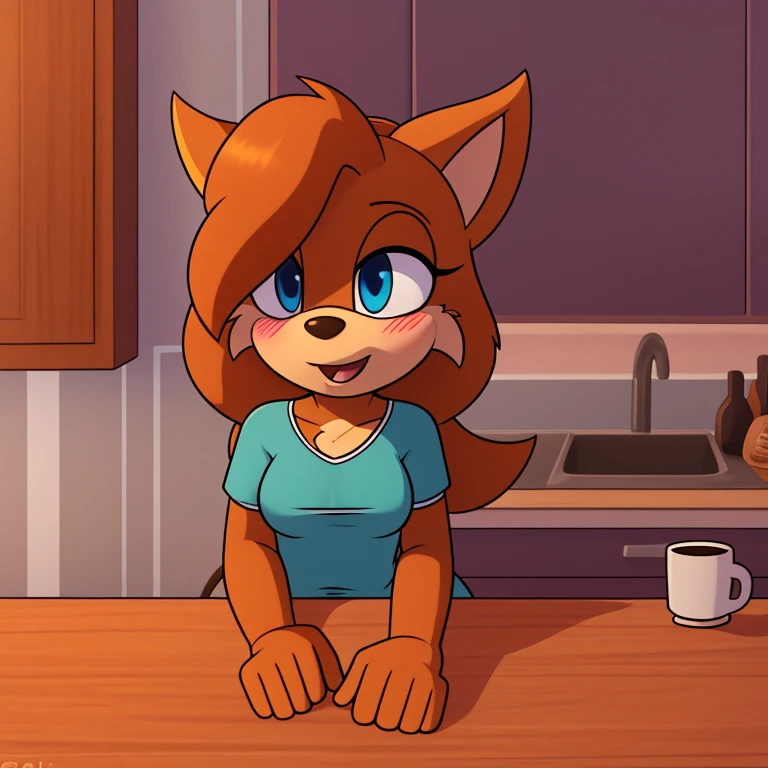 Score_9, score_8up, highres, 1girl, rating_suggestive, lop (star wars visions), furry, blue eyes, loving eyes, sleepy, drowsy, (small breasts), blushing, oversized shirt, sitting at a kitchen table, dawn, morning, holding a cup of coffee, sitting next to pov, ((saying, "good morning")), sfw, wallpaper