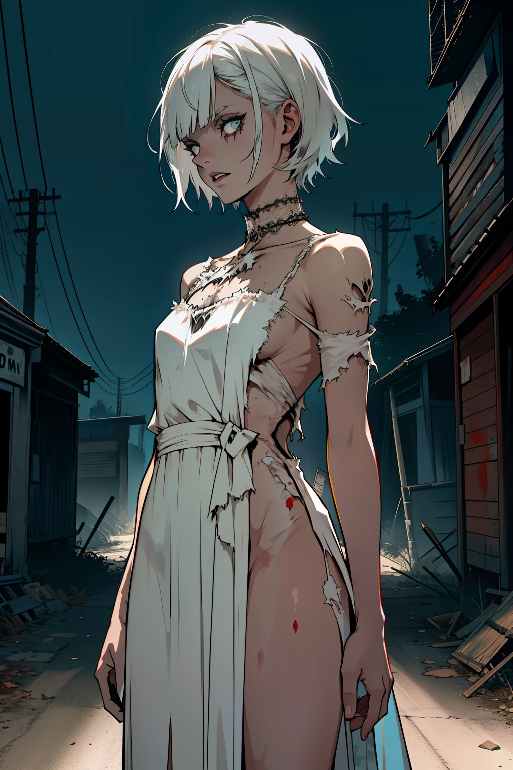 zombie, living Dead , living Dead girl , short hair , torn long dress , living Dead girl , Whole body , living Dead , Long torn white dress , Long and wide dress , at night , Torn dress , living Dead features , sexual body , sexual , unfocused look, She stands directly in front of the viewer, with hands down