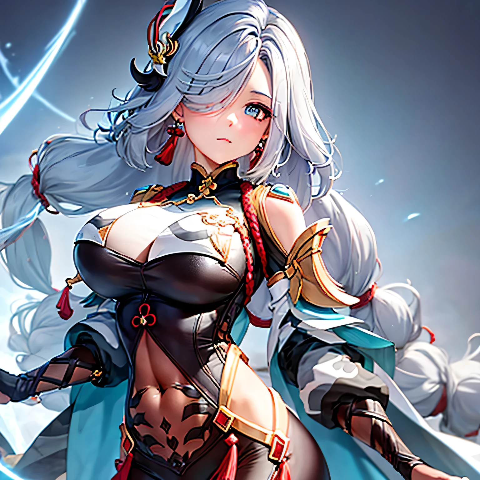,shenhe \(genshin impact\), 1GIRL,GREY HAIR,LONG HAIR,HAIR ORNAMENT, HAIR OVER ONE EYE,BLUE EYES,EARRINGS,BRAIDED PONYTAIL,PUFFY SLEEVES,GOLD TRIM,GLOVES,BODYSUIT,LARGE BREASTS,BREAST CURTAIN, SHOULDER CUTOUT,COVERED NAVEL,HIP VENT,CLOTHING CUTOUT, TASSEL,