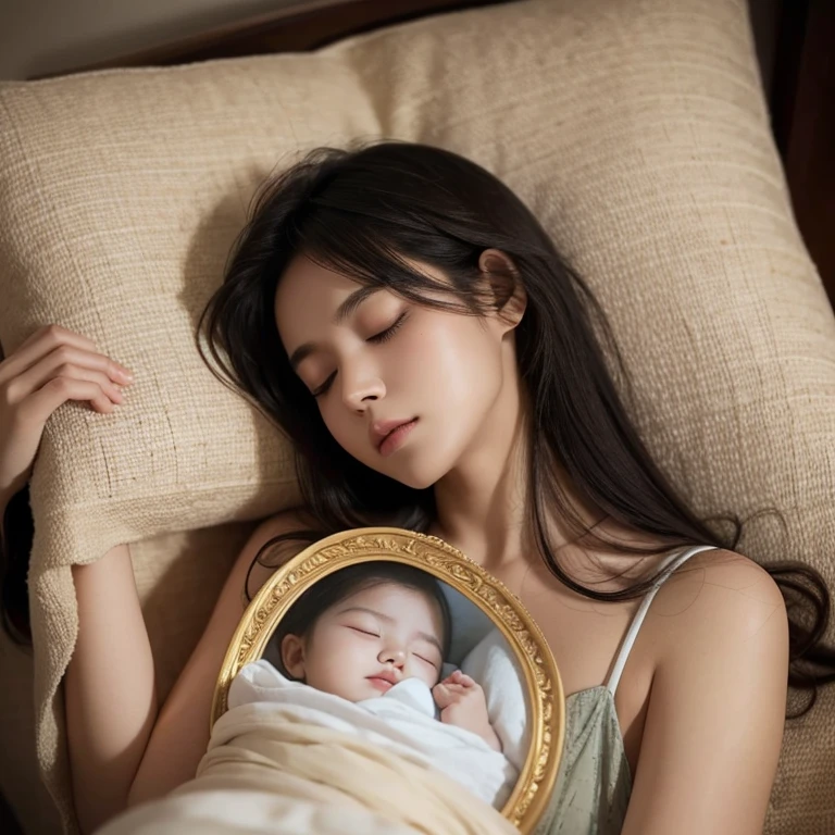 a beautiful girl who is sleeping peacefully after a tiring day. sleeping like a ethereal woman while holding her mother's portrait because she missed her so much. her mother died when she is young and her mother used to sing her a lullaby that can make her sleep so peacefully