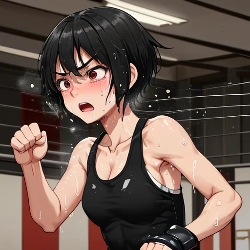 At the martial arts gym、Cute high school girl doing intense training、Slender body、Tank top、Sweat is splashing、Shortness of breath with open mouth、Very sweaty、Short black hair、Poor body、Small breasts