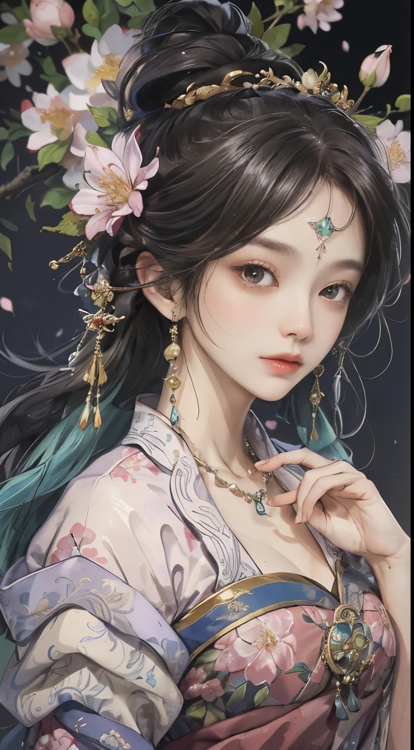 The original，（Implications：1.1），（Best quality），（masterpiece：1.1），（Extremely detailed CG Unity 8K wallpaper），（One color：1.2），1 Plum Blossom God，welcome，Break，Costume，Best quality，Extremely fine jewelry，Plum blossom petals，landscape，Rios|purely，