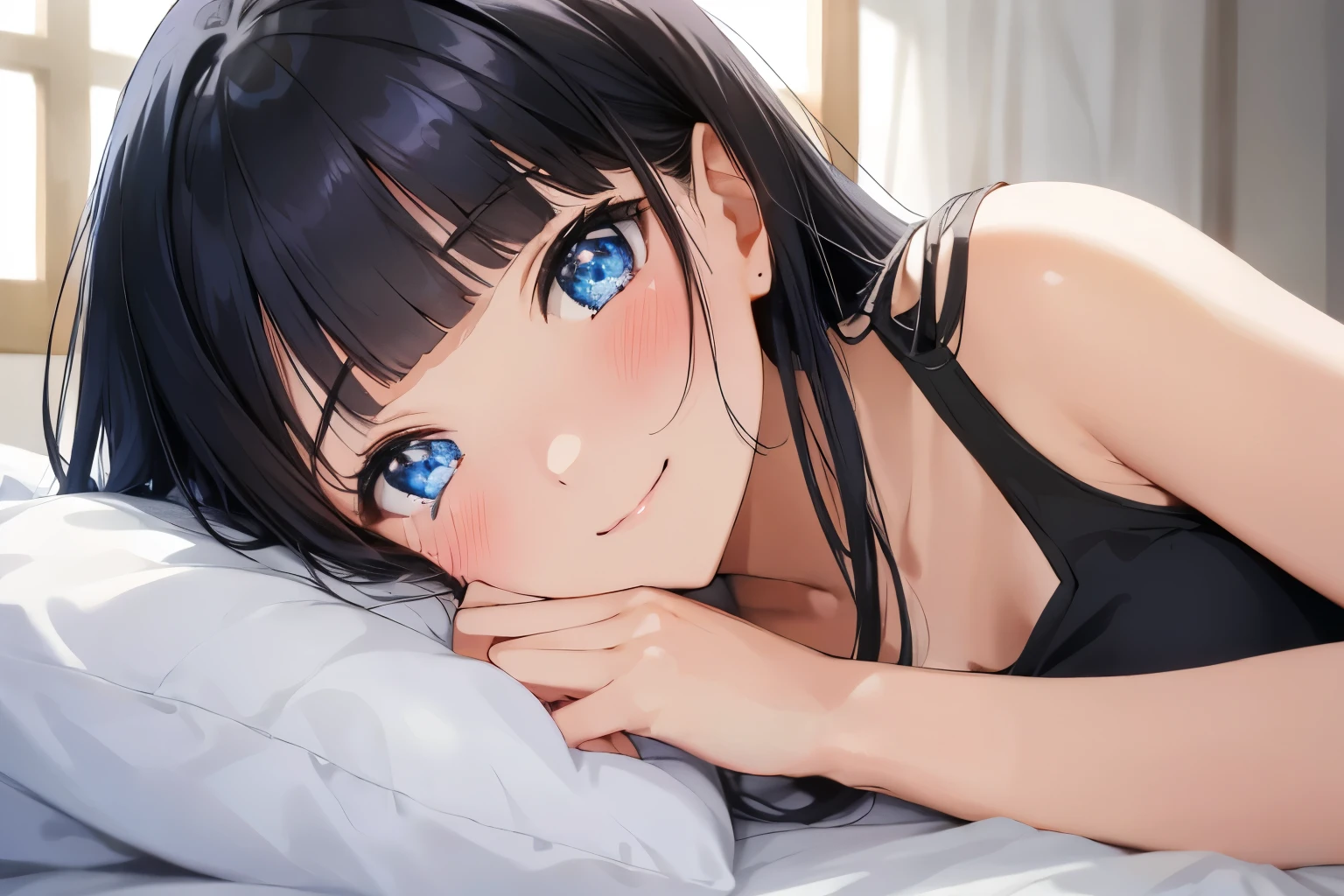 Masterpiece、highest quality、1 female、Super detailed　Black Hair、Blunt Bangs　Blue Eyes、Sparkling Eyes　Smiling、blush　Tank top　Face is close、Facial Close-up、Bring your face closer　Sheetsに寝転がる、Lying on your side　Sheets