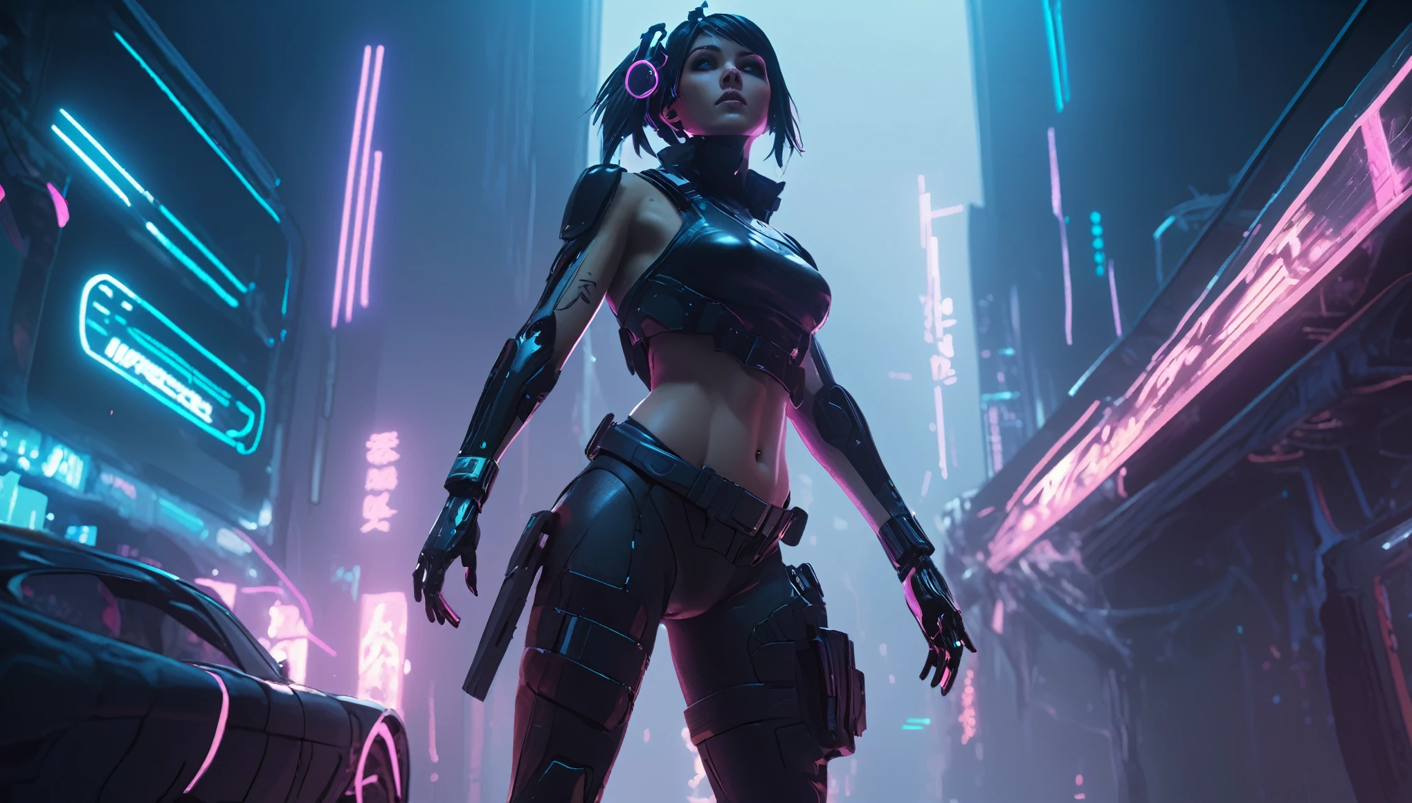 Cinematic scene, hero view, cyberpunk female action pose, detailed background, masterpiece, best quality, high quality, highres, absurdres