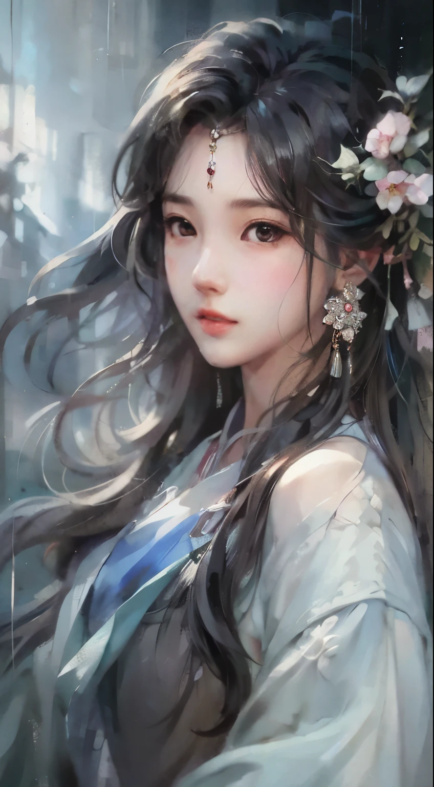 A long hair,Woman with flowers in her hair, Beautiful character painting, Guvitz, Guvitz-style artwork, author:Yang Jie, by Ye Xin, author:Chen Lin, author:Li Song, author:Zhou Wenjing, A beautiful anime portrait, author:Fan Qi, author:Zhang Han, author Ni Tian, author:Li Fangying, author:Cold plum