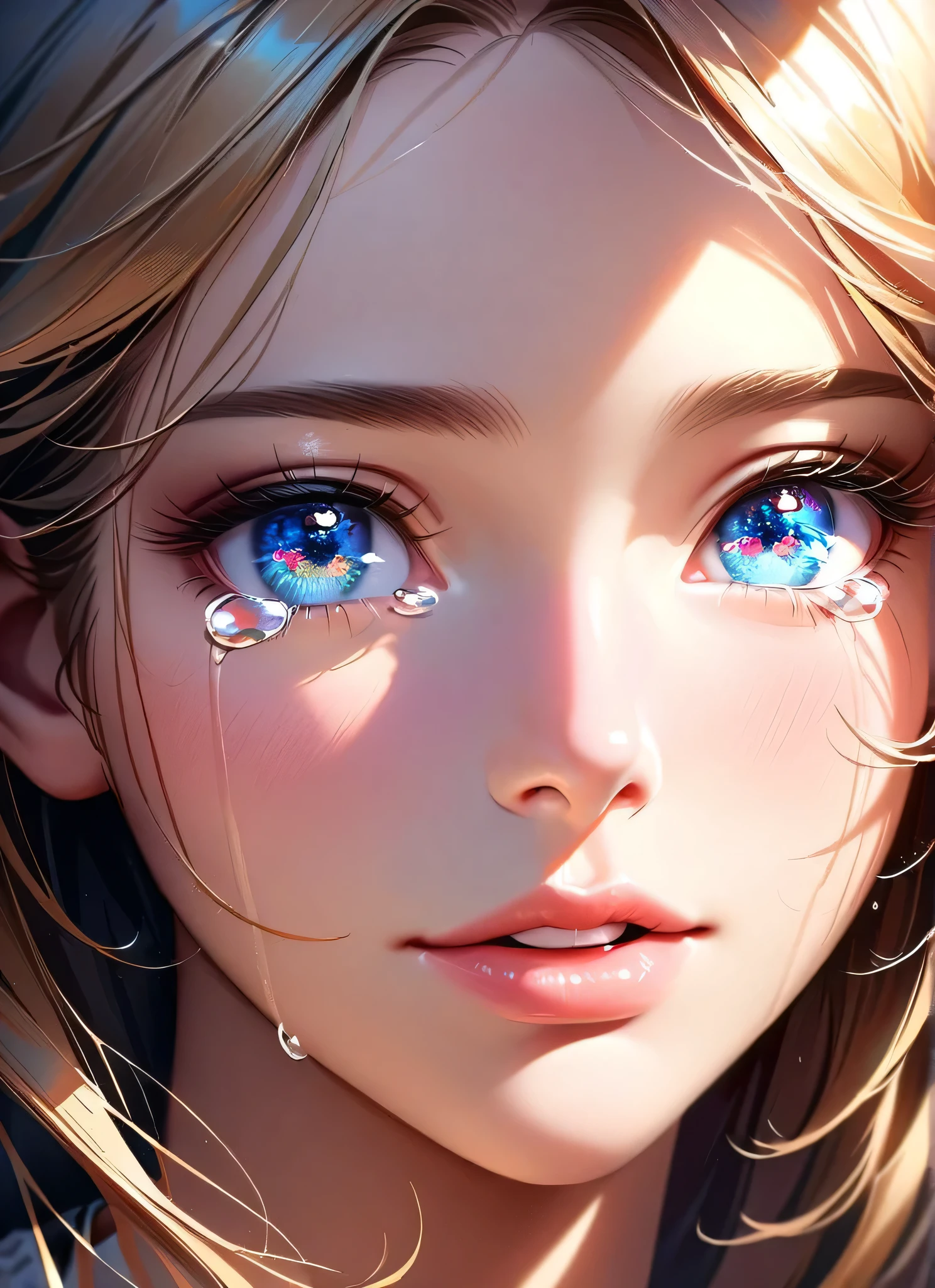 best quality,ultra-detailed,dramatic scene,gorgeous woman,cute,happy,tears,beautiful detailed eyes,beautiful detailed lips,extremely detailed eyes and face,long eyelashes,portrait,painting,realistic colors,dim lighting