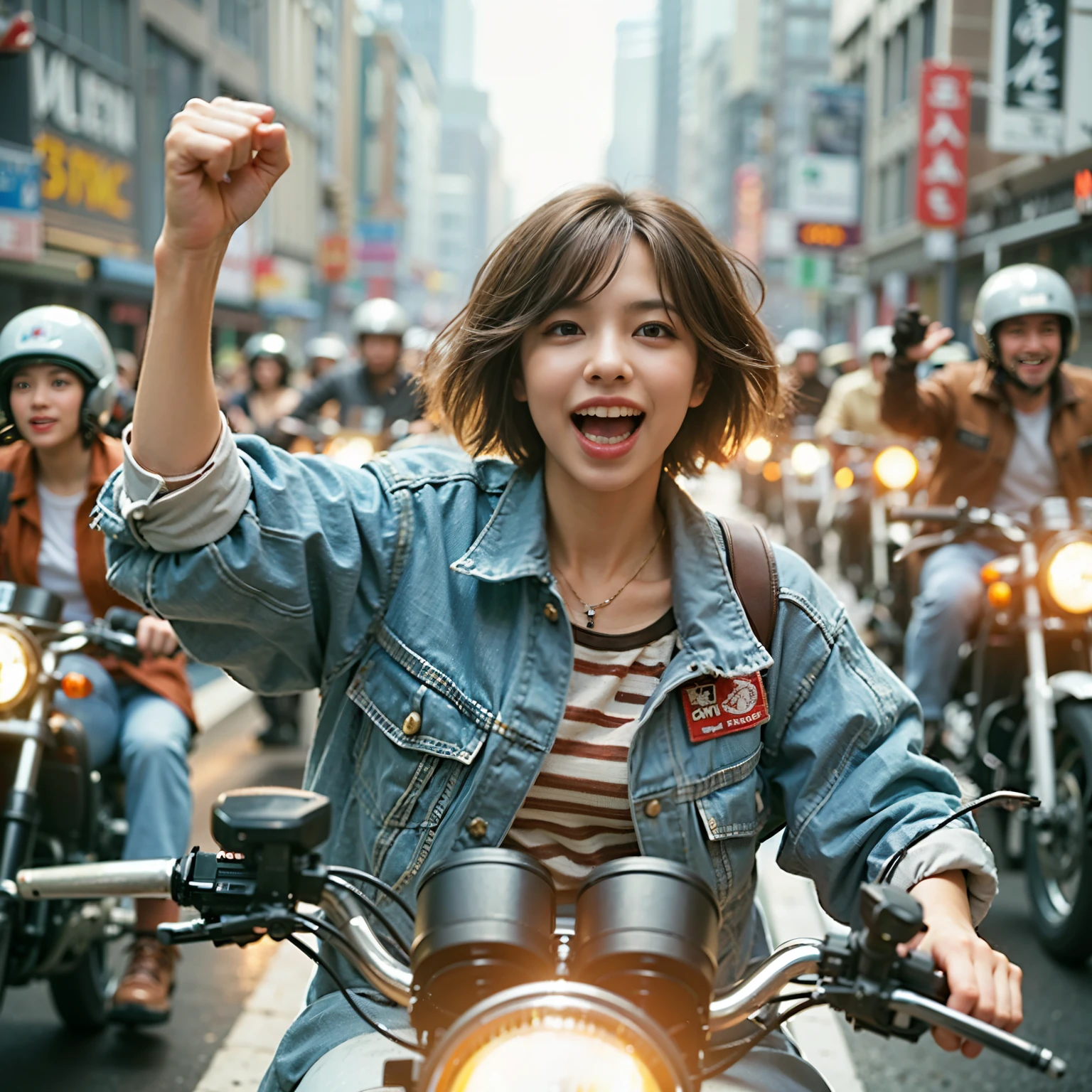 highest quality,masterpiece,Ultra-high resolution,(Photorealistic:1.4),(One girl),1 female,20 years,(Riding a motorcycle),(Riders),smile,(Brown short hair),  roar, Outdoor,(orbit),Pit Road,(Racing Motorbike)、Shooting from 3m away、Wide-angle shooting