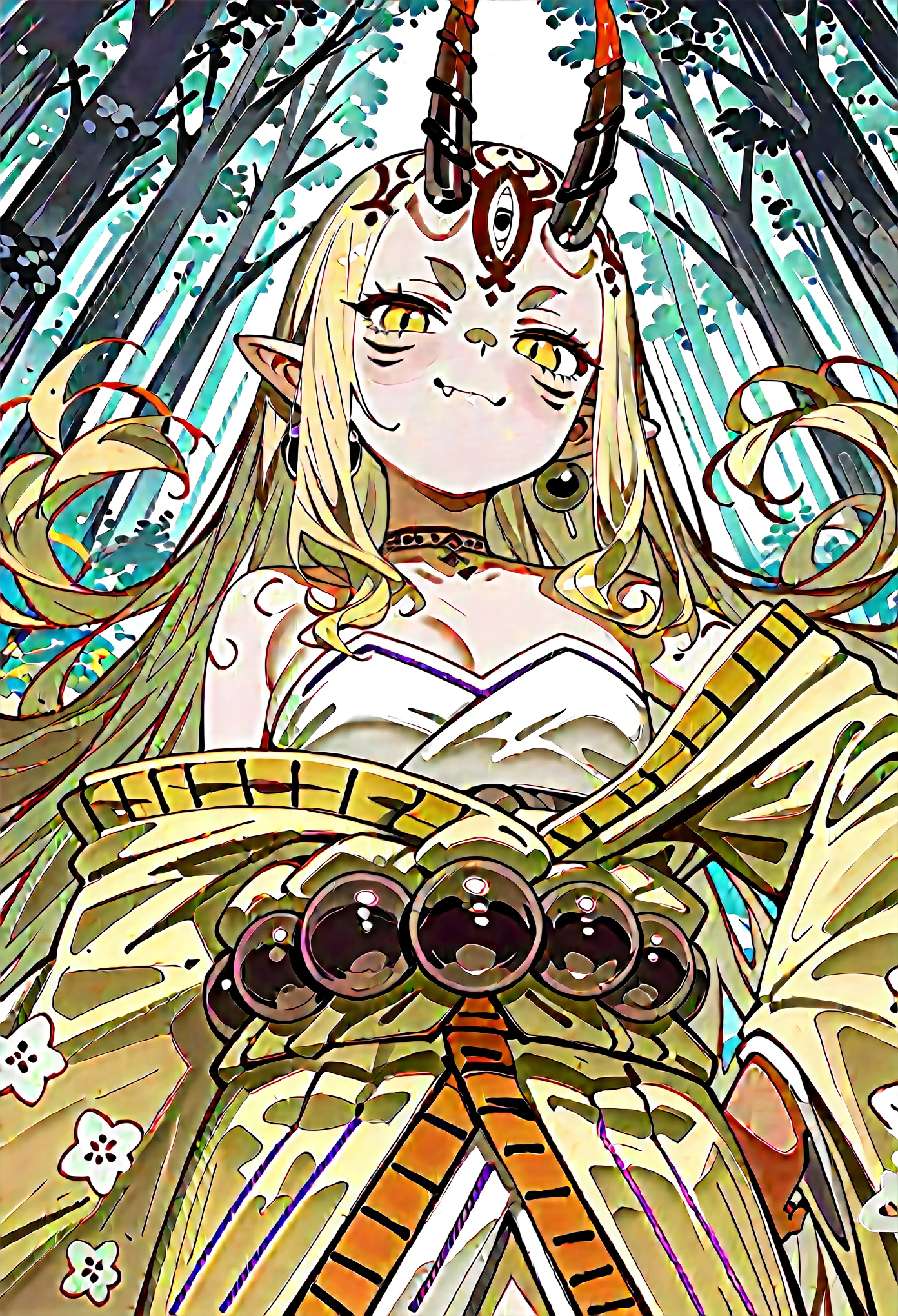 masterpiece, best quality, zoom out, score_9, score_8_up, score_7_up, 1girl, solo, upper body, long hair, blonde hair, sidelocks, yellow eyes, pointy ears, facial mark, tattoo, forehead mark, oni, horns, innexpressive, smirk, fang, looking at viewer, japanese clothes, yellow kimono, short kimono, earrings, jewelry, beads, off-shoulder, wide sleeves, sfw, curvy, below view, forest, night-time, best quality