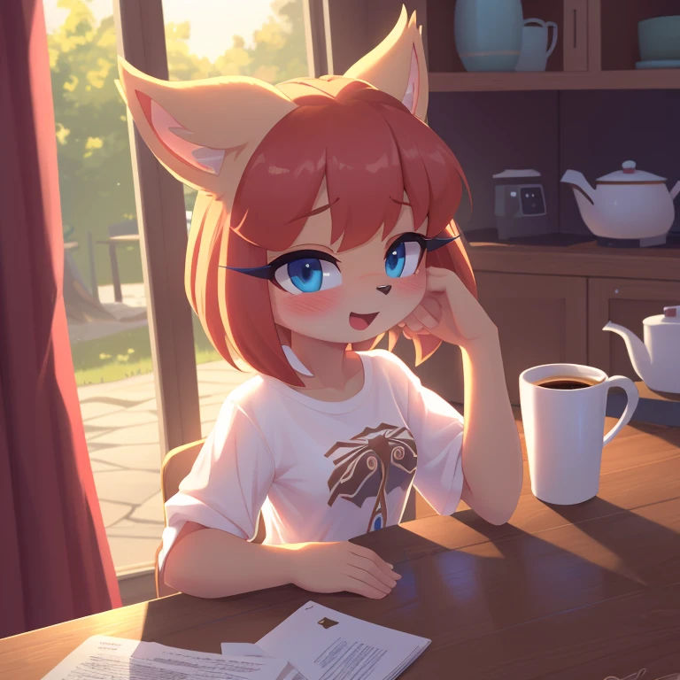 Score_9, score_8up, highres, 1girl, rating_suggestive, lop (star wars visions), furry, blue eyes, loving eyes, sleepy, drowsy, (small breasts), blushing, oversized shirt, sitting at a kitchen table, dawn, morning, holding a cup of coffee, sitting next to pov, ((saying, "good morning")), sfw, wallpaper