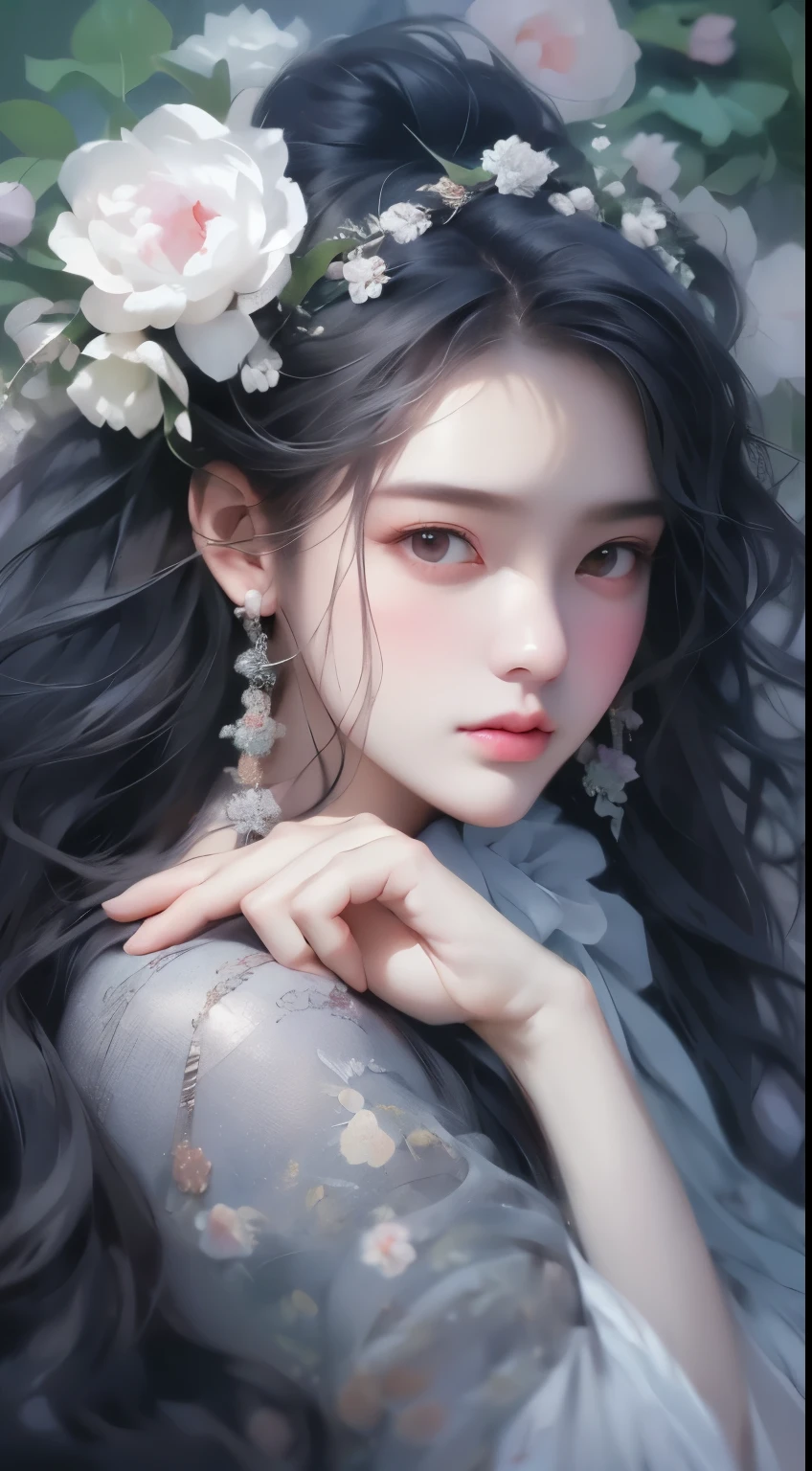 1 girl, Upper body portrait close-up, Black Hair, Flowing hair, Hazy Beauty, Extremely beautiful facial features, Purple embroidered dress, Hairpins on the head, Lying in the flowers, Hands on face, Perfect anatomical structure, White flowers, (spring, rain, Terraced Fields, Mountains), Simple vector art, Chinese Contemporary Art, Soft Light, Tangled scarf, look down
