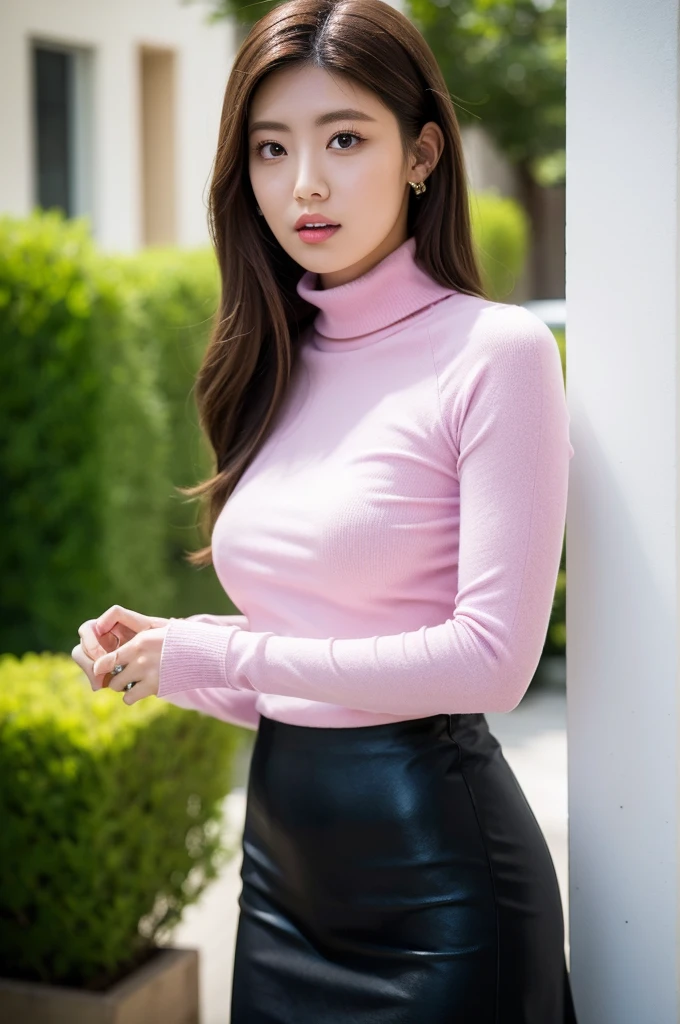 1girl,sexy pose,best quality,masterpiece,illustration,an extremely delicate and beautiful,CG,unity,8k wallpaper,Amazing,finely detail,masterpiece,official art,extremely detailed CG unity 8k wallpaper,incredibly absurdres,huge filesize,ultra-detailed,highres,extremely detailed,beautiful detailed girl,realistic,full frontal,outdoors,turtleneck shirt,skirt,light contrast,