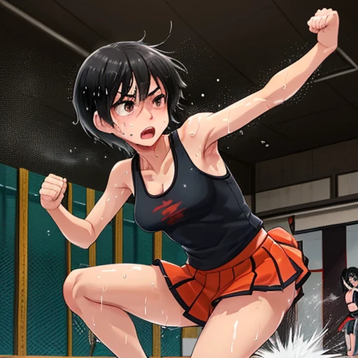 At the martial arts gym、Cute high school girl practicing kicks、Slender body、Tank top、Sweat is splashing、Shortness of breath with open mouth、Very sweaty、Short black hair、Poor body、Small breasts