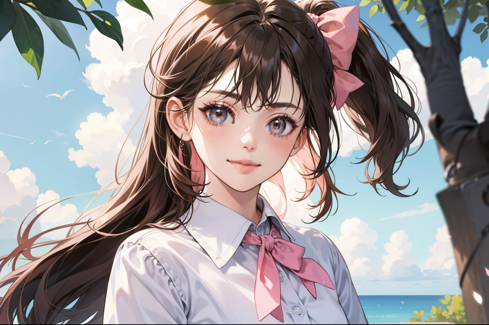 rating:safe, pink_bow, 1girl, blurry, bow, sky, day, depth_of_field, blurry_background, blue_sky, solo, cloud, outdoors, long_hair, smile, hair_bow, brown_hair, looking_at_viewer, upper_body, blurry_foreground, pink_neckwear, white_shirt, blush, shirt, ponytail, closed_mouth, tree, bangs, brown_eyes, collared_shirt, eyebrows_visible_through_hair, bowtie, cloudy_sky