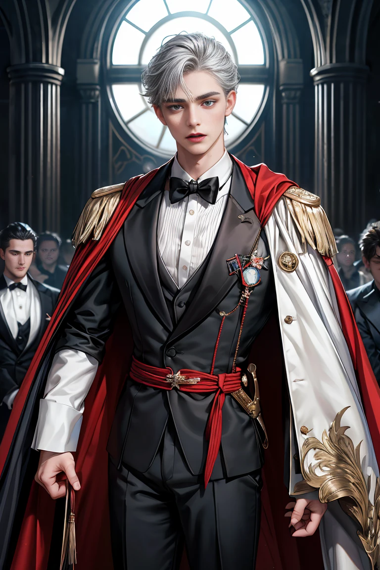 
masterpiece, 最high quality, high quality, 1 boy, alone, Male focus, Watching the audience,  disheveled gray hair, Adorable big blue eyes, White, Noble, Noble, Beautiful Vampire、Tuxedo、A very voluminous, large, very large, very large, long, long red and black cape with a high stand-up collar, made of a lot of fabric that reaches down to the floor., ************,Cute beautiful boys,Cute, cute, kind, handsome guy