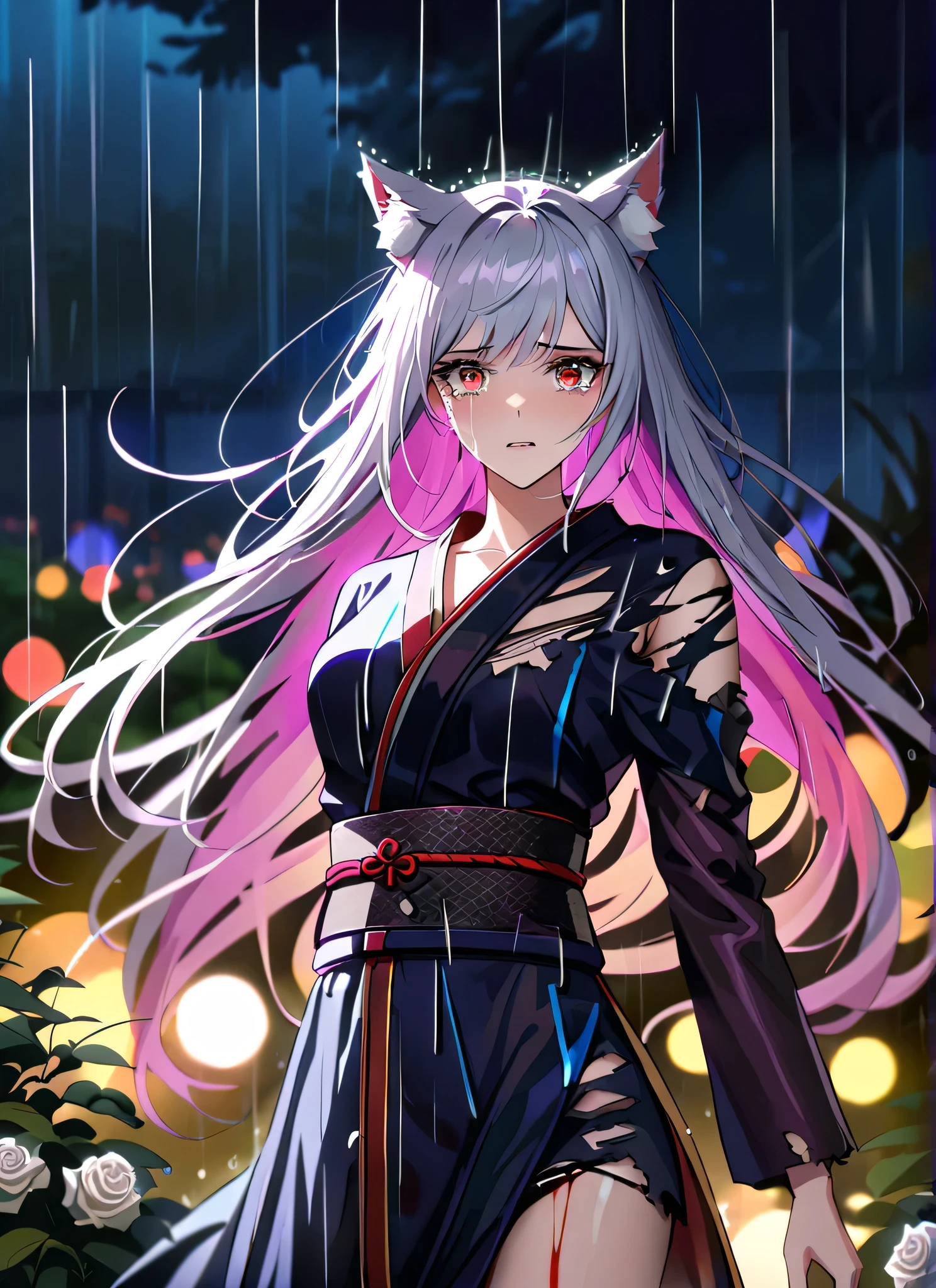 detail description,professional,vivid colors,bokeh,portraits, close up
A gorgeous girl, wolf ears, wearing a very damaged kimono samurai suit, a very ripped damaged kimono suit, missing parts of the suit, very ripped clothes, she's sad, tears, heartbroken, hurt, blood, dark garden, white roses, ultra detailed face, long eyelashes, sharp eyes, perfect make up, white ultra long hair, fullbody shot, garden, night, rain, dramatic scenario, cowboy shot, running in the rain, running in tears, running fast