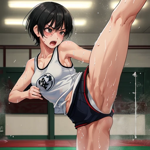 At the martial arts gym、Cute high school girl practicing high kick、Slender body、Tank top、Sweat is splashing、Shortness of breath with open mouth、Very sweaty、Short black hair、Poor body、Small breasts