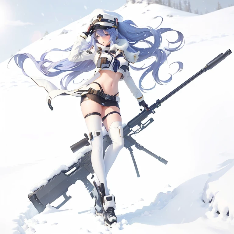 Anime Girl with a gun and a hat on a snowy day, Anime Machine Gun Shooting, Fleet Collection Style, From Girl Front, female action Anime Girl, Girl front style, Girls Frontline CG, best anime 4k konachan wallpaper, captain, HD Anime Wallpaper, With rifle, seductive Anime Girl, Azure Lane style, (Anime Girl)