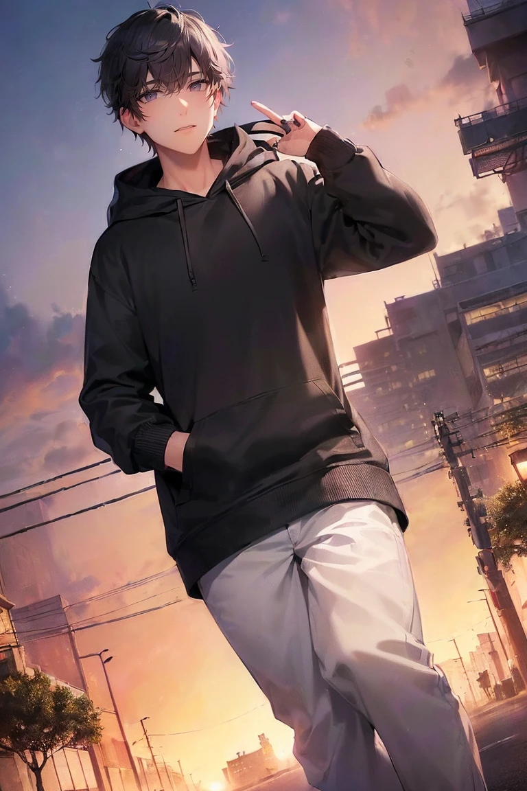 (4K Works、(最high quality)、((City of night))、((In front of the main gate of the workplace))、((In front of the main gate of the building))、Sunset View、Adult male、((Adult male 26 years old))、Cheerful guy、expensive、((smile))、((Strong Eyes))、((He is wearing a black hoodie、Wearing black pantakes your face smaller))、Because I'thin、((Gray Hair))、((White short hair))、((Purple eyes))、((Shooting from close range))、((one person))、((Solo Photo))、((Stand in front of the main gate))8k, High resolution, Realistic, high quality, masterpiece, Character from a low angle, Show your feet area, Wearing a black coat and carrying a gun, City background with skyscrapers, Dusk or dawn time
