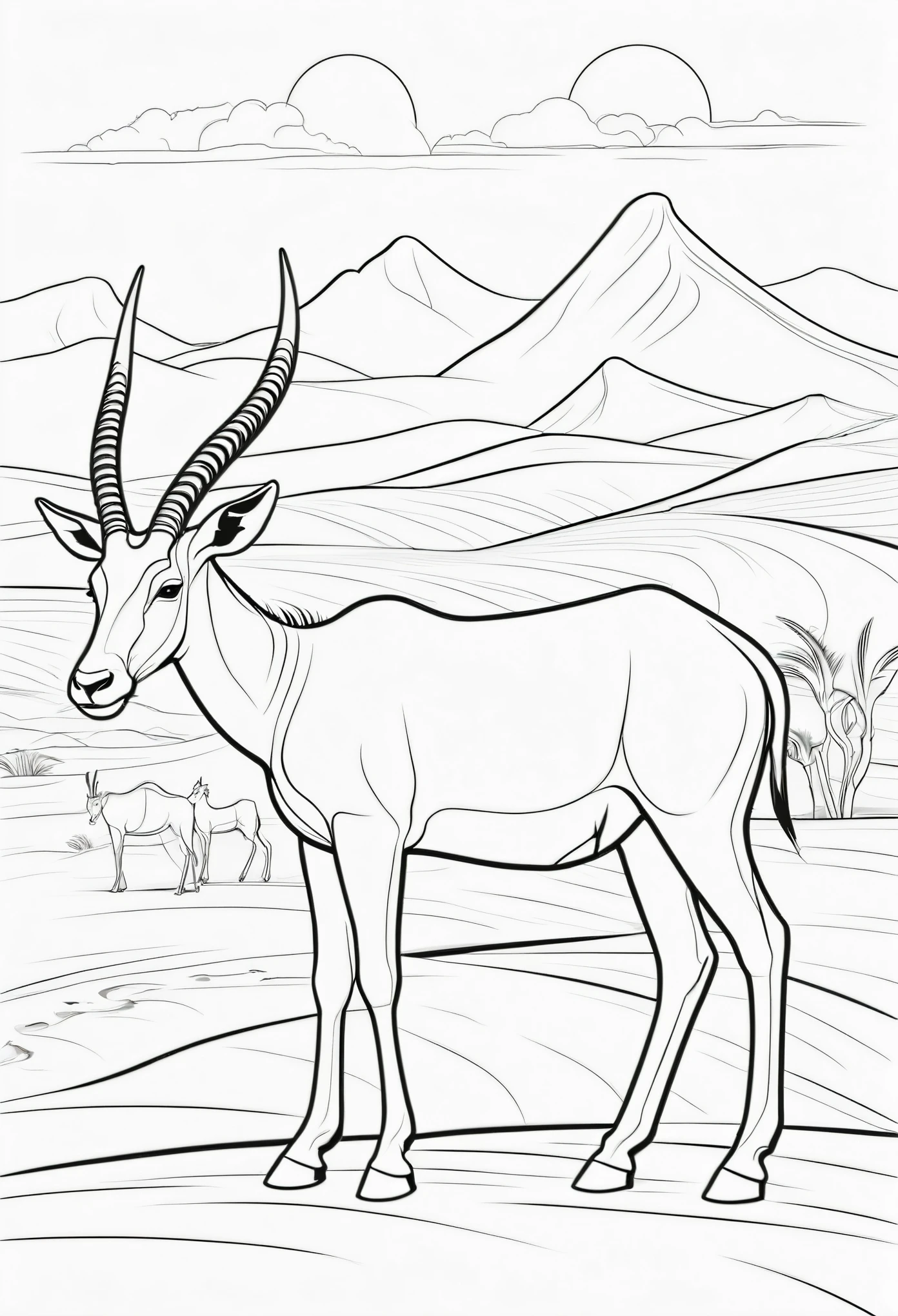 coloring page for kids, eland roaming the Sahara desert, cartoon style, thick lines