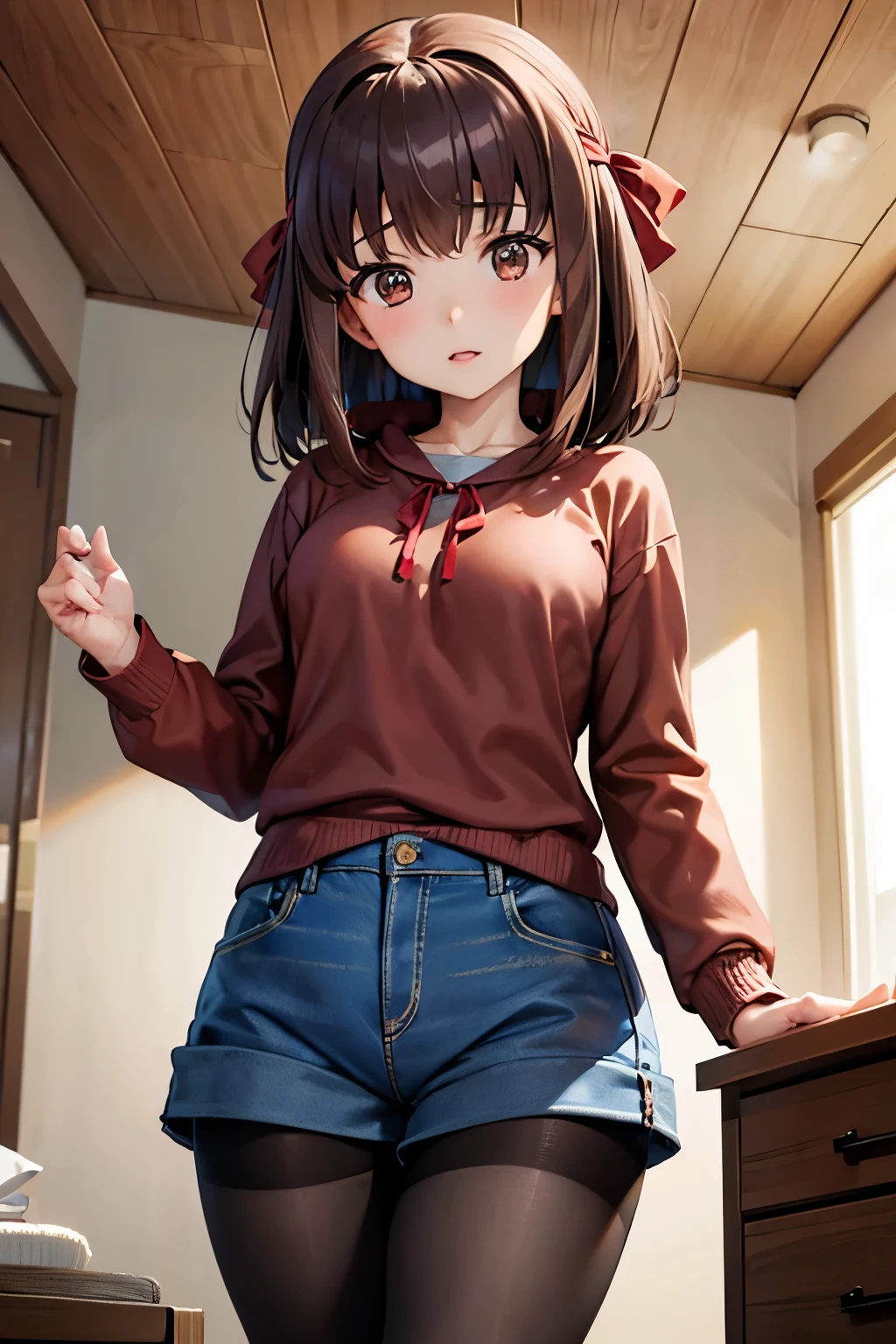 Taeko Kondo、Girls&Panzer、Brown Hair、Short Hair、((pantyhose))、Photo from below、Medium chest、Bedroom、(Denim hot pants)、Red ribbon、Knitted outerwear