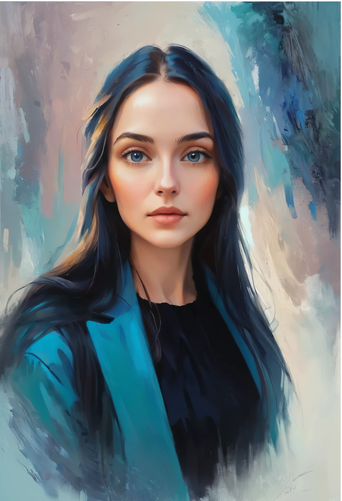 (impressionism), Oil painting, Large strokes of paint , Painting of a woman with long hair and a blue jacket, nft portrait, high quality portrait, professional portrait, color portrait, alina ivanchenko, side centered Painted portrait, moleksandra shchaslyva, Portrait in profile, Digital painting, detailed color portrait, Alena Emani digital art, Painted portrait, Airbrush digital oil painting, in oil painting style