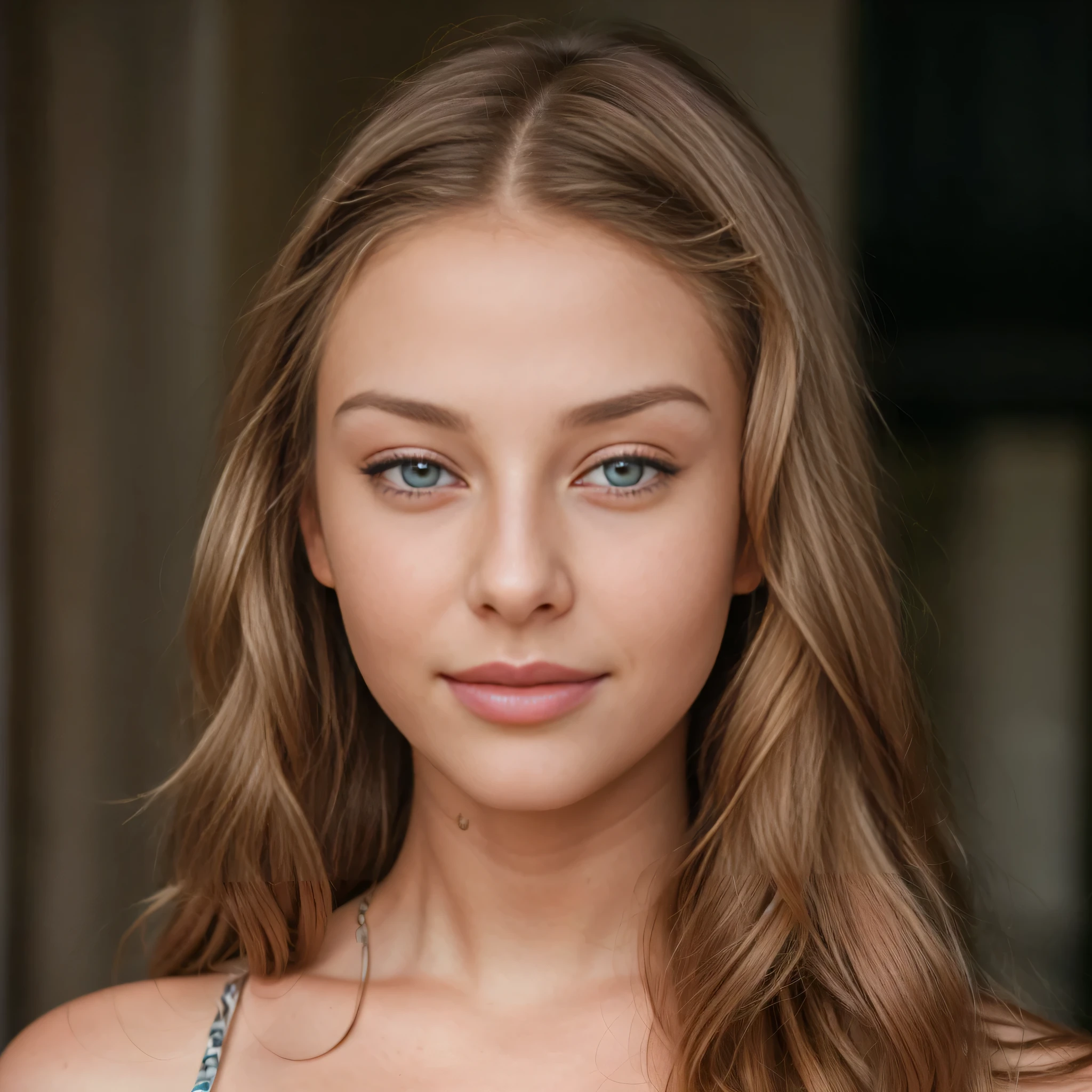 A face of an attractive blonde girl 20 y.o., front shot, full face profile, spotless skin, immensely beautiful, divine beauty, Oval Face, Fair Skin, long blonde Hair, hazel Eyes, beautiful and detailed eyes, Beautiful Nose, (Thick Lips:1.2), Round Chin, Instagram model, cheerful smile, Masterpiece, 8k, uhd, hyperrealistic, award winning, RAW photo, ultra high quality, 35mm photograph, film grain, professional, highly detailed