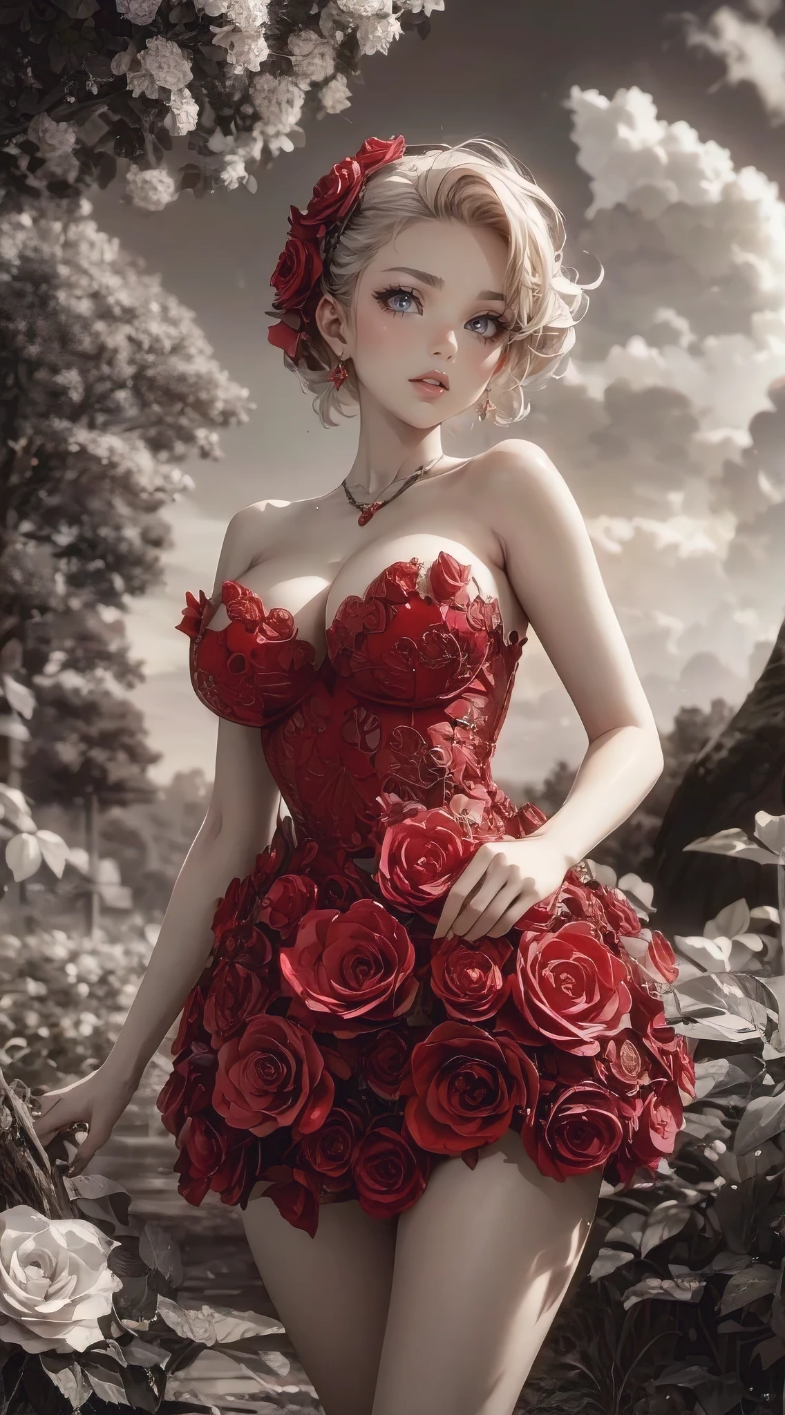 A captivating and high-quality 3D render illustration of an alluring anime woman with a voluptuous yet slim body and striking , well-endowed features. She dons a fashion-forward minidress crafted entirely from intricately stitched red rose petals, reminiscent of a secret garden. Her radiant smile and enchanting gaze draw the viewer in, while the lush trees and expansive sky in the background create a serene, idyllic setting. This mesmerizing portrait masterfully combines fashion and portrait photography, showcasing the best of anime art and creating a truly unforgettable experience., fashion, 3d render, anime, portrait photography, illustration
