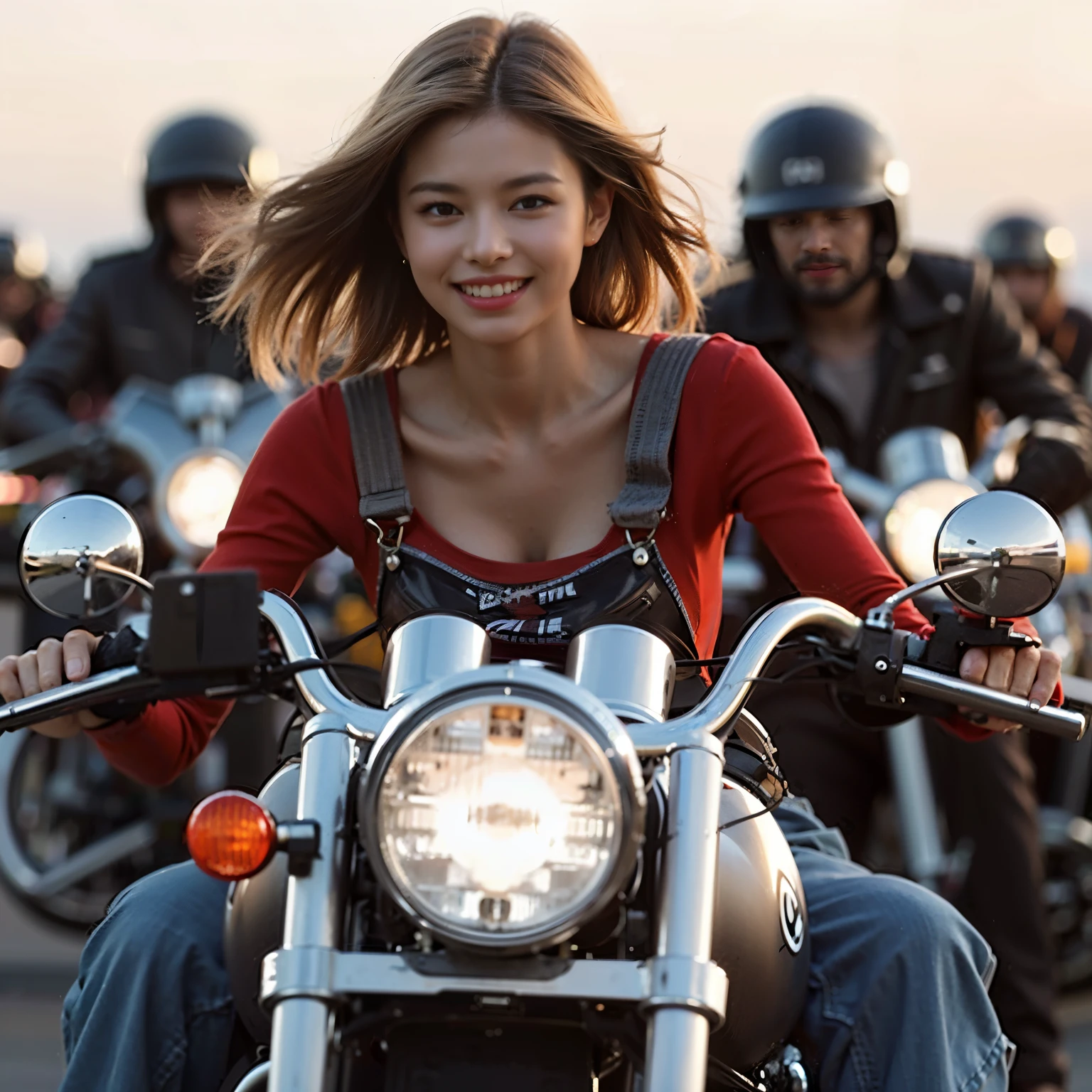 highest quality,masterpiece,Ultra-high resolution,(Photorealistic:1.4),(One girl),1 female,20 years,(Riding a motorcycle),(Riders),smile,(Brown short hair),  roar, Outdoor,(orbit),Pit Road,(Racing Motorbike)、Shooting from 3m away、Wide-angle shooting