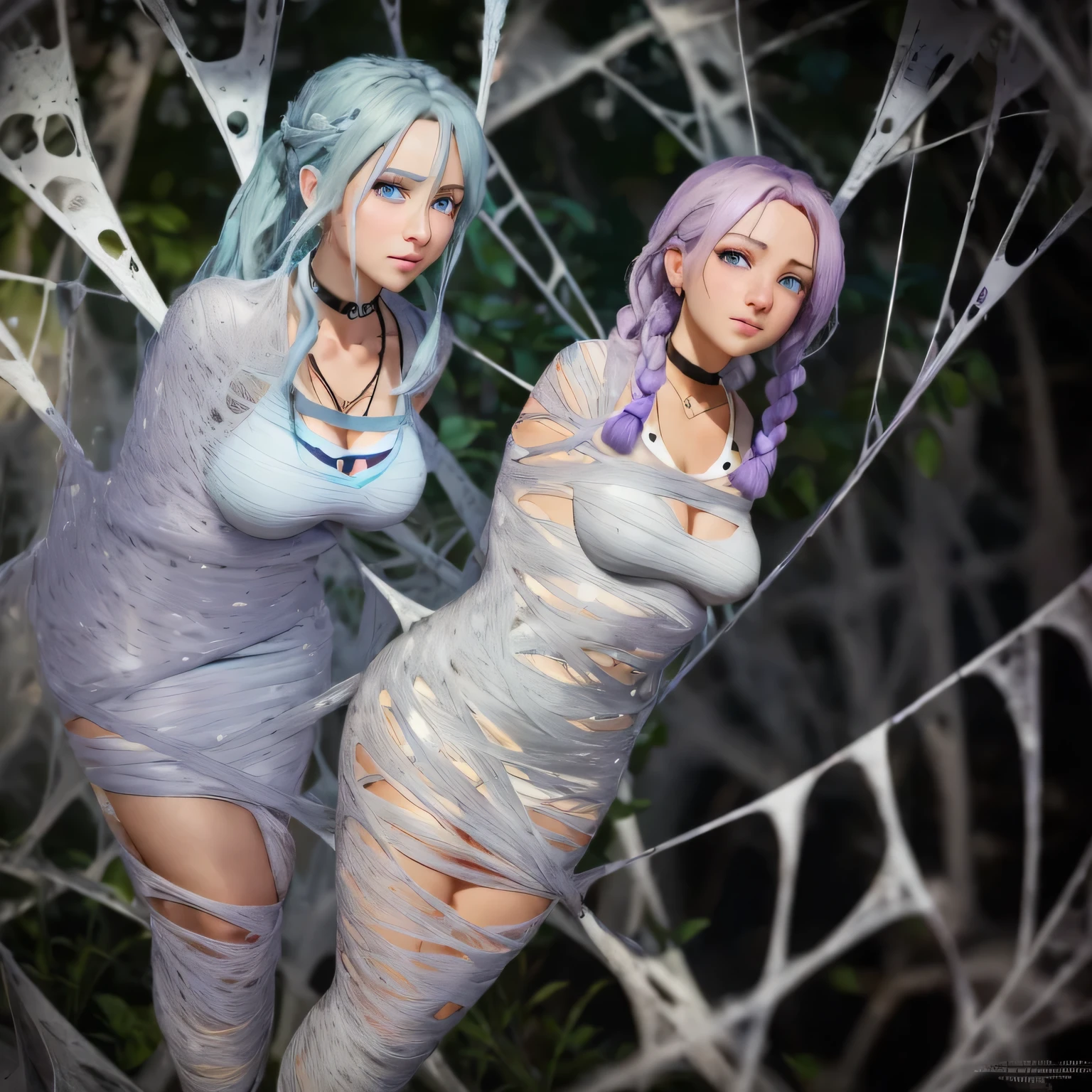 helplessly entangled in the spider's web(long lavender colored hair with a single braid accent),(grey colored eyes),(youthful freckles over nose), (anime) in bar, (choker necklace), (mischievous troublemaker), (sh44r) ,(bar setting). (best quality, 4k, highres, masterpiece:1.2), (ultra-detailed), (realistic, photorealistic:1.37), (vivid colors), (portrait), (bokeh), (soft lighting) full body photo,spider web,cocoon
