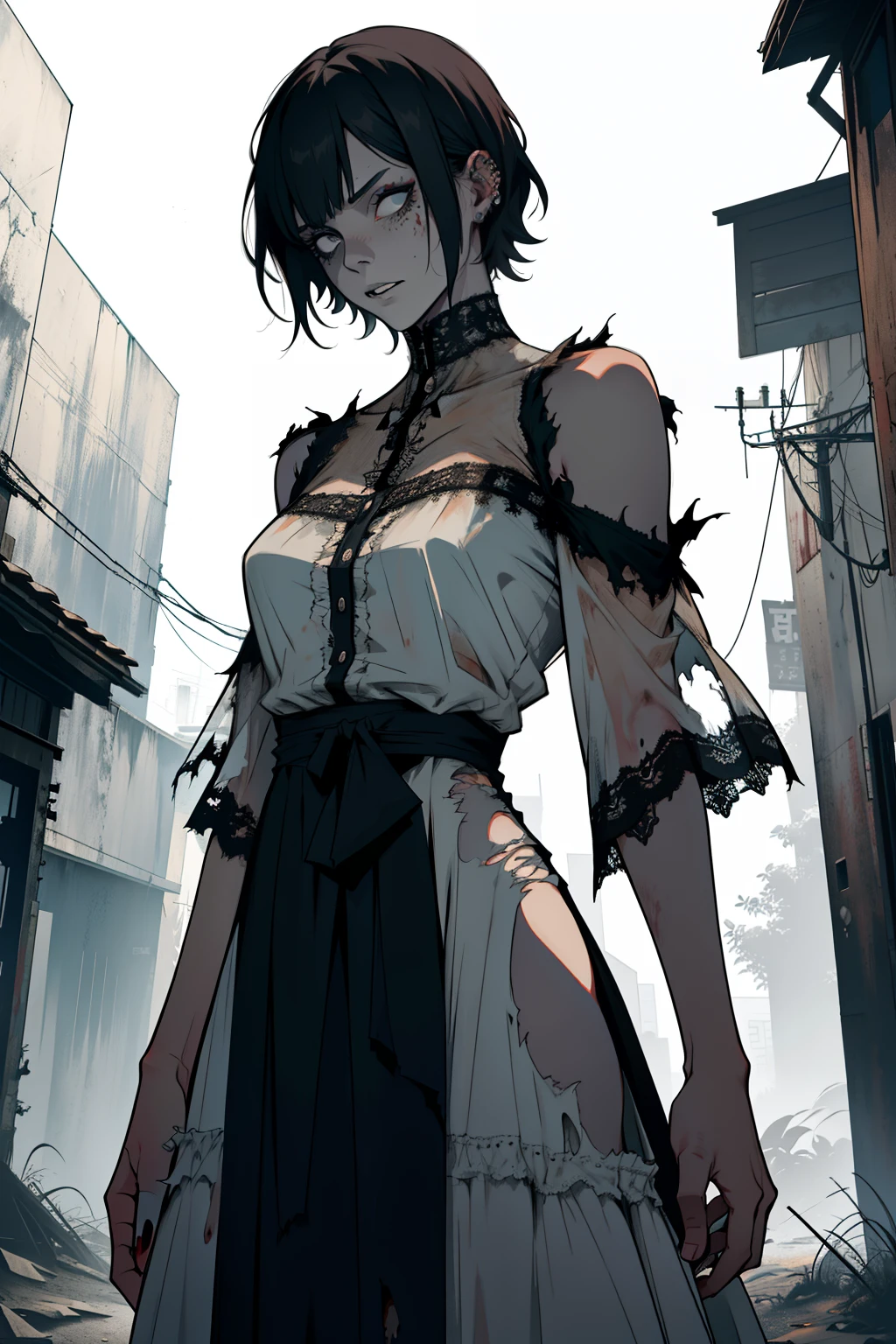 zombie, living Dead , living Dead girl , short hair , torn long dress , living Dead girl , Whole body , living Dead , Long torn white dress , Long and wide dress , at night , Torn dress , living Dead features , sexual body , sexual , unfocused look, She stands directly in front of the viewer, with hands down