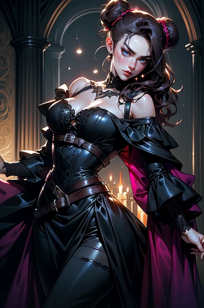 (masterpiece, top quality, best quality, official art, beautiful and aesthetic: 1.2), (1 woman: 1.3), long curly dark brown hair, ((fancy bun)), Victorian style, Victorian classic, extremely detailed, portrait, looking at the viewer, solo, (full body: 0.6), detailed background, close-up, mischievous eyes, (cold midnight castle theme: 1.1), vampire, long fangs, blood on chin, huge lips, charlatan, mischievous smile, mysterious, being seductive on the balcony, revealing gothic dress, extremely tight bodice, black costume, magenta skirts, off-the-shoulder, long sleeves, loose sleeves, black leather , cape, corset, black dress, fishnets, black high boots, buckles, straps, bags, glowing blood magic energy, dark magenta fabric, silver trim, black leather, extremely slim, slim waist, slim hips, medieval background (gothic castle exterior: 1.1), nocturnal, dark and mysterious lighting, shadows, magical atmosphere, Dancing lightly. backwadrs, Looking back. Very sexy, with chin resting on shoulder, abigail larson art style