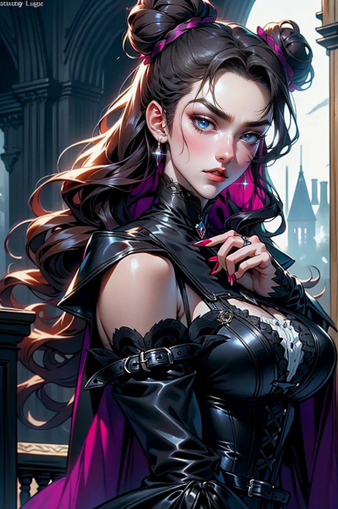 (masterpiece, top quality, best quality, official art, beautiful and aesthetic: 1.2), (1 woman: 1.3), long curly dark brown hair, ((fancy bun)), Victorian style, Victorian classic, extremely detailed, portrait, looking at the viewer, solo, (full body: 0.6), detailed background, close-up, mischievous eyes, (cold midnight castle theme: 1.1), vampire, long fangs, blood on chin, huge lips, charlatan, mischievous smile, mysterious, being seductive on the balcony, revealing gothic dress, extremely tight bodice, black costume, magenta skirts, off-the-shoulder, long sleeves, loose sleeves, black leather , cape, corset, black dress, fishnets, black high boots, buckles, straps, bags, glowing blood magic energy, dark magenta fabric, silver trim, black leather, extremely slim, slim waist, slim hips, medieval background (gothic castle exterior: 1.1), nocturnal, dark and mysterious lighting, shadows, magical atmosphere, Dancing lightly. backwadrs, Looking back. Very sexy, with chin resting on shoulder, abigail larson art style