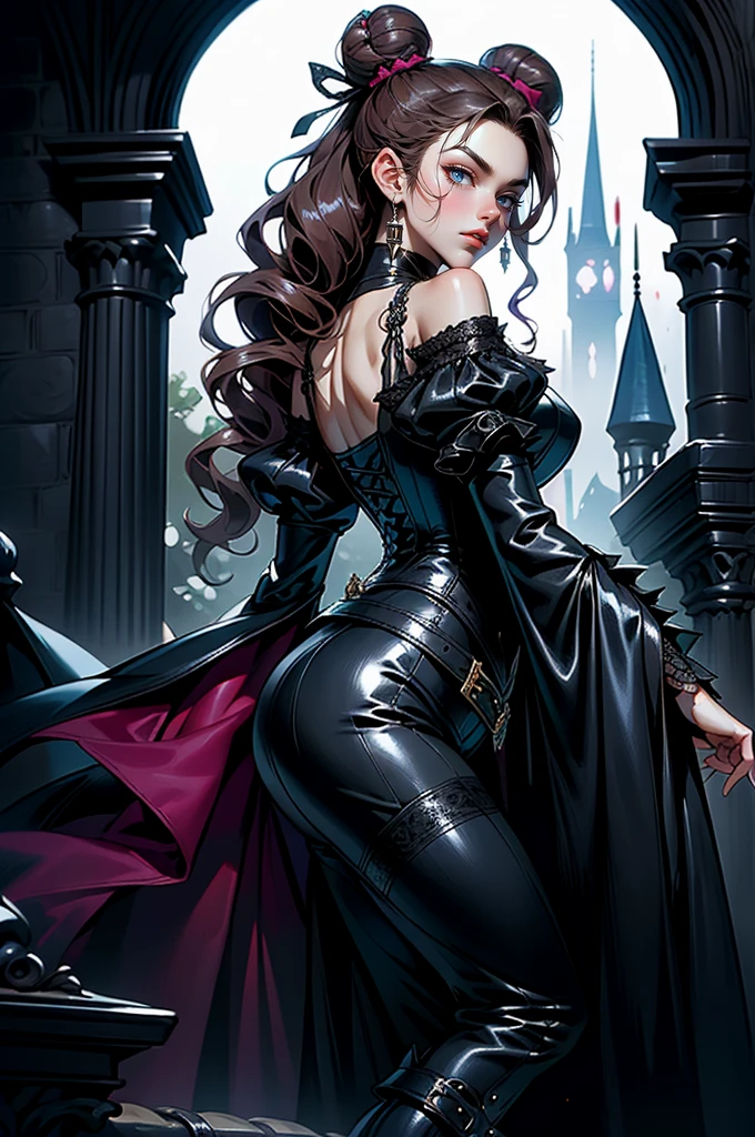 (masterpiece, top quality, best quality, official art, beautiful and aesthetic: 1.2), (1 woman: 1.3), long curly dark brown hair, ((fancy bun)), Victorian style, Victorian classic, extremely detailed, portrait, looking at the viewer, solo, (full body: 0.6), detailed background, close-up, mischievous eyes, (cold midnight castle theme: 1.1), vampire, long fangs, blood on chin, huge lips, charlatan, mischievous smile, mysterious, being seductive on the balcony, revealing gothic dress, extremely tight bodice, black costume, magenta skirts, off-the-shoulder, long sleeves, loose sleeves, black leather , cape, corset, black dress, fishnets, black high boots, buckles, straps, bags, glowing blood magic energy, dark magenta fabric, silver trim, black leather, extremely slim, slim waist, slim hips, medieval background (gothic castle exterior: 1.1), nocturnal, dark and mysterious lighting, shadows, magical atmosphere, Dancing lightly. backwadrs, Looking back. Very sexy, with chin resting on shoulder, abigail larson art style