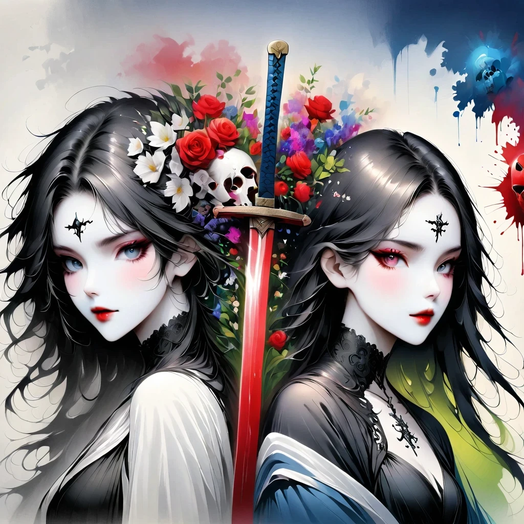 Alafd images，Wearing a black robe、Girl with a sword, blood spatter，Blood Pool，Gothic elements，beautiful death goddess, A terrible one, Death Portrait, A harbinger of death, punk ,The artwork should transition from a pencil drawing style in black and white on the left half to vibrant colors on the right half, Ensure a seamless integration between the two halves without any dividing line, The scene is identical on both sides, with the left side featuring detailed black and white pencil strokes and the right side filled with colors, creating a harmonious blend across the image