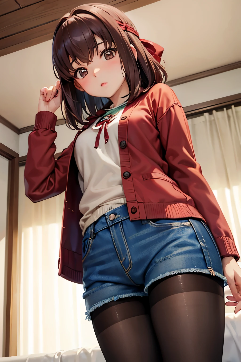 Taeko Kondo、Girls&Panzer、Brown Hair、Short Hair、((pantyhose))、Photo from below、Medium chest、Bedroom、(Denim hot pants)、Red ribbon、Knitted outerwear