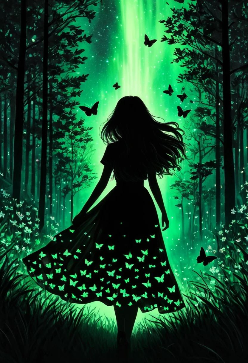 black pencil shading, charcoal drawing, tinted paper, pencil drawing, brutal dark b/w color scheme,
Poster, close up, full length, shadow art. masterpiece, high quality, abstract, 1girl, centered, side view, black silhouette of a girl, (long flowy hair), flowy skirt, green forest background, ((dynamic pose)), ((flowers)), ((glowing butterflies )), night time, dark theme, starry sky, glowing hair, cinematic, vivid colors, ((saturated neon colors)), perfect hands, anzhcdreamwave, aesthetic, Perfect Hands, aurora borealis