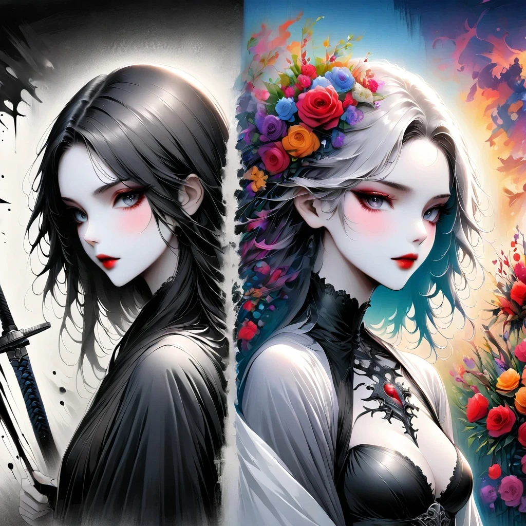 Alafd images，Wearing a black robe、Girl with a sword, blood spatter，Blood Pool，Gothic elements，beautiful death goddess, A terrible one, Death Portrait, A harbinger of death, punk ,The artwork should transition from a pencil drawing style in black and white on the left half to vibrant colors on the right half, Ensure a seamless integration between the two halves without any dividing line, The scene is identical on both sides, with the left side featuring detailed black and white pencil strokes and the right side filled with colors, creating a harmonious blend across the image