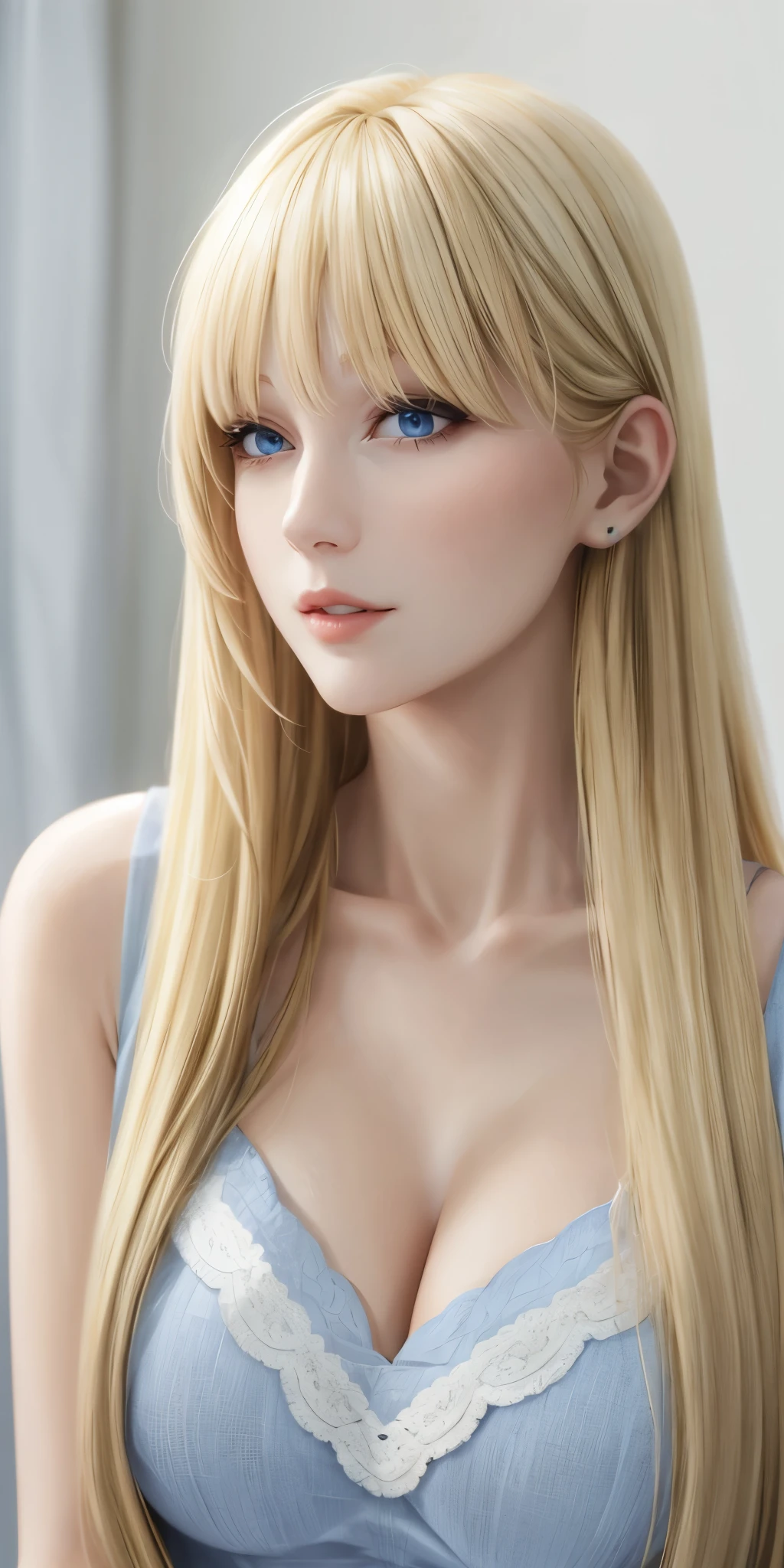 Elegant adult woman, long neck, long blonde hair, bangs, casual clothes, cleavage, soft light, high quality, 4k resolution