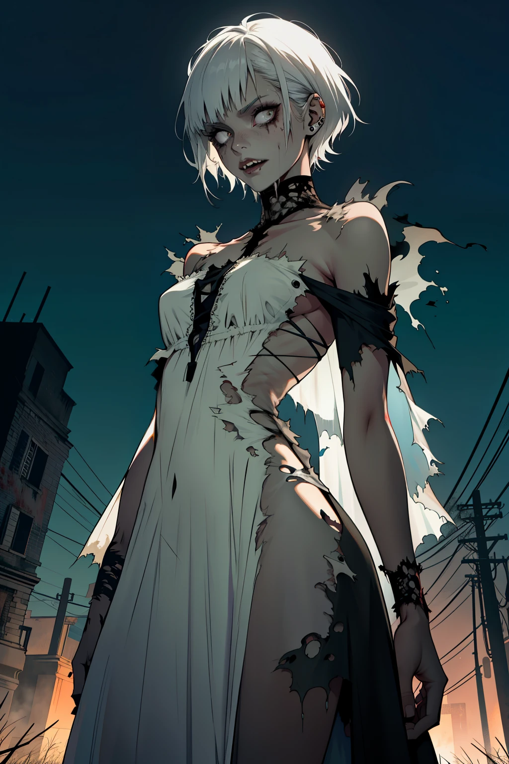 zombie, living Dead , living Dead girl , short hair , torn long dress , living Dead girl , Whole body , living Dead , Long torn white dress , Long and wide dress , at night , Torn dress , living Dead features , sexual body , sexual , unfocused look, She stands directly in front of the viewer, with hands down