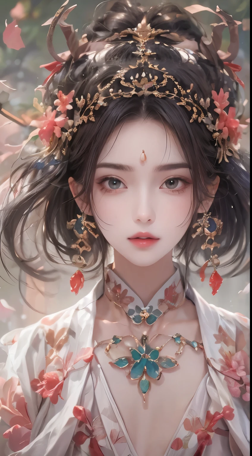 (symmetry:1.5),high resolution, 1 female,,Close-up of face,beautiful eyes, Long hair, eye socket, jewelry, Hanfu, Chinese fairy