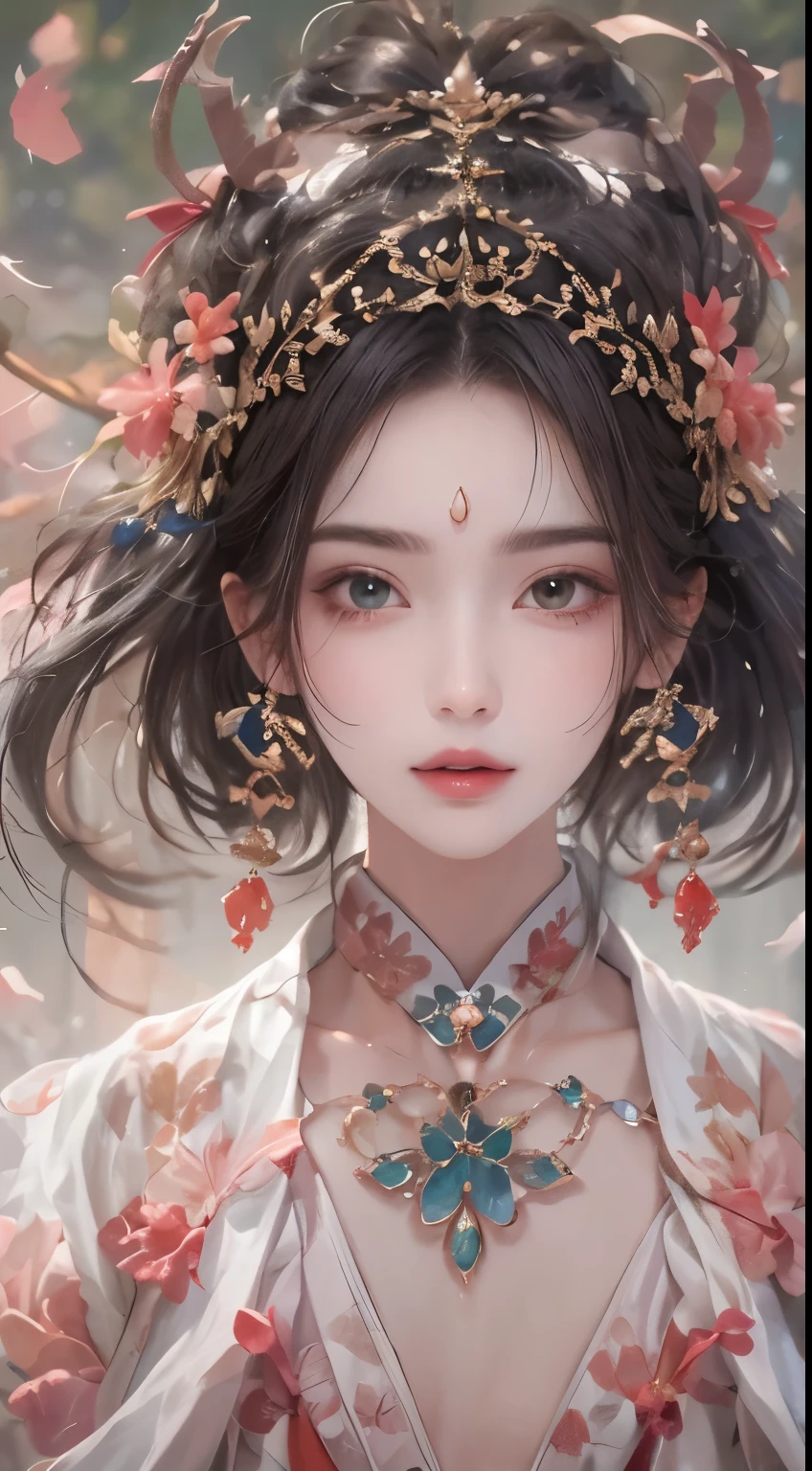 (symmetry:1.5),high resolution, 1 female,,Close-up of face,beautiful eyes, Long hair, eye socket, jewelry, Hanfu, Chinese fairy