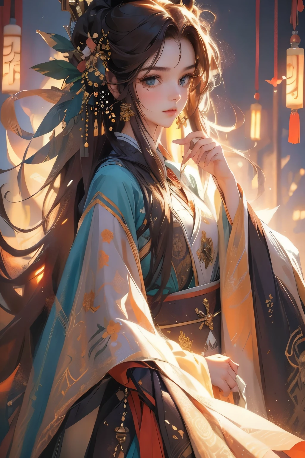 (masterpiece), best quality, Beautiful and fine hair,A meticulous face, 1 girl, Solitary, Full body portrait, Dutch shot, Perfect female face, Very attractive woman, Traditional Hanfu, chestnut brown hair, Shoulder-length hair, Green Eyes